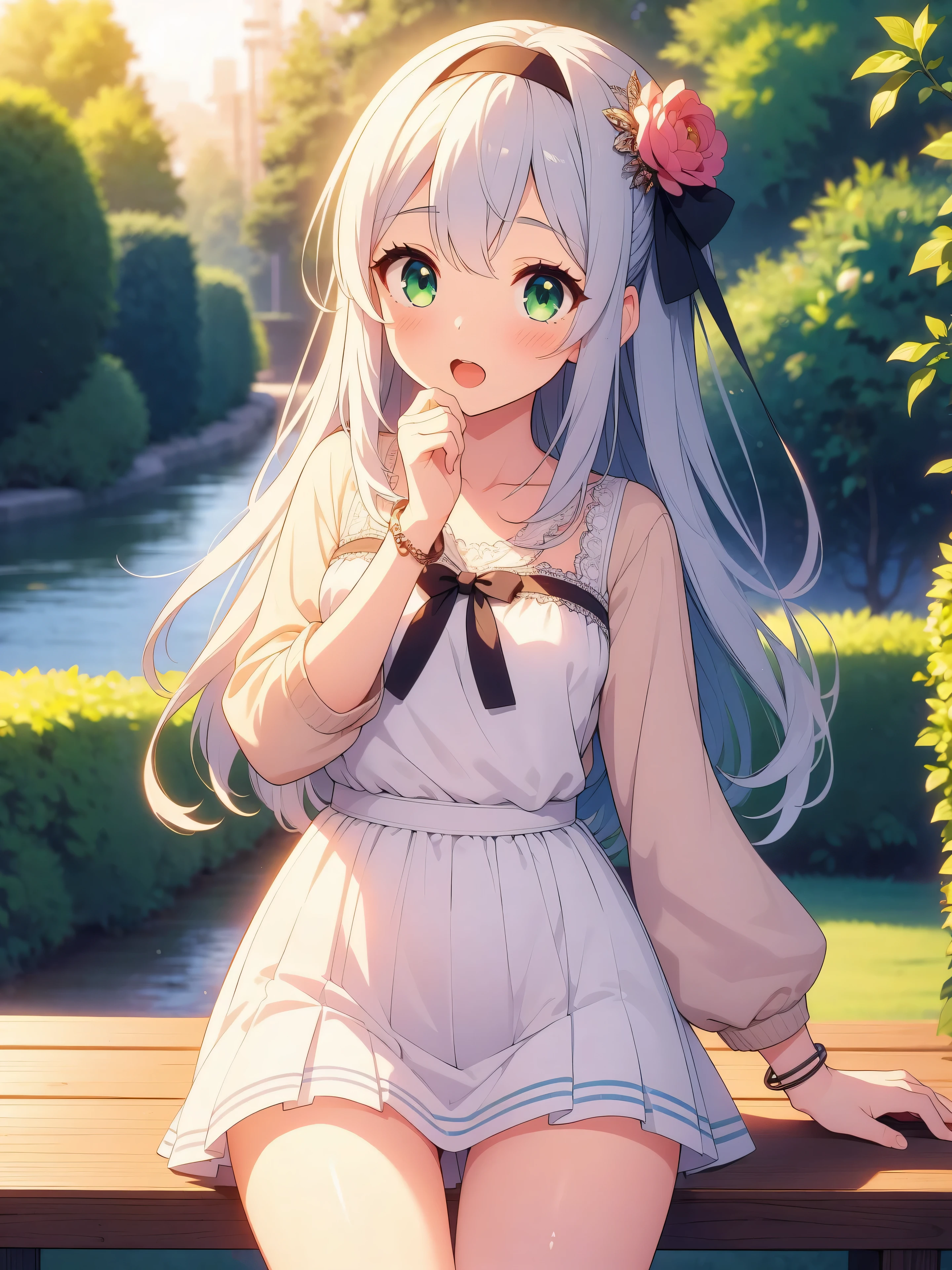 Highly detailed, high quality, masterpiece, beautiful, (all photo shooting), girl child student, perfect eyes, green eyes, light eyes, blushing face, happy face, big thighs, medium chest, short stature, long hair, white hair, with bracelet on hand, bow in hair, headband, with short skirt and closed sweatshirt, with panties stuck between vagina, shows full panties, sexy, background image in a night garden