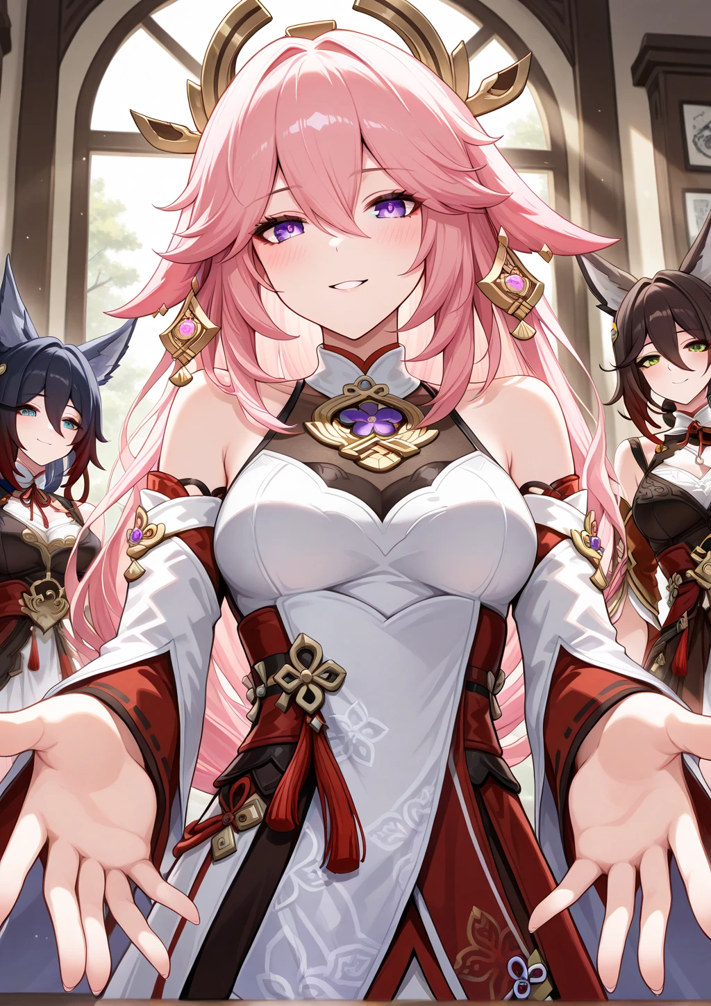 3 girls, A pocket dimension where three different worlds converge

(Three fox girls: Yae Miko from Genshin Impact, Fugue/Tingyun from Honkai Star Rail, Ahri from League of Legends), {I} am dating these three fox girls all at once, the three fox girls simultaneously confessing their feelings to {me}, (both their hands outstretched, holding out one gift EACH, packed in gift boxes, to {me}), smiling affectionately, blushing

Cafe background, indoors, vibrant atmosphere, sun rays shining in through the windows

fine details, masterpiece