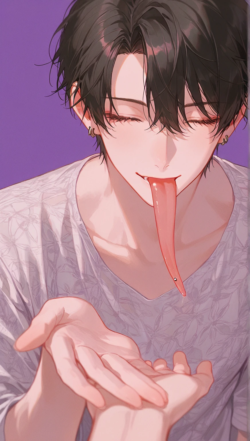 Black Hair、Short Hair、boyish、Cool、Naga、Heavy lower body and small breasts、Licking a dick、Handjob、Sticking out tongue、Long Tongue、Drinking semen、Expressionless、forest