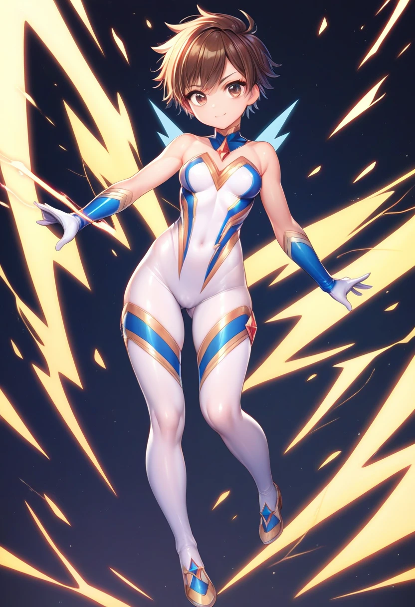 masterpiece, best quality, hyper detailed, ultra detailed, 1girl, medium breasts, ((leotard, white and red leotard, sleeveless, gold star symbol on chest)), bare legs, ((tight belt, gold belt)), boots, matching boots, ankle boots, white boots, gloves, white gloves, solo, single, standing straight, full body shot, cowboy shot, superhero, beautiful detailed eyes, mature lady, brown hair, short hair, bob hair, purple eyes, perfect anatomy, spread arms, spinning, spins fast in place like a tornado, twirling in place, tornado spinning, rapid gyration, space backdrop, motion blur, speed lines, spiral lines,  tornado, time warp, spinning energy pulse, light particles, spinning energy pulse, light particles. serious