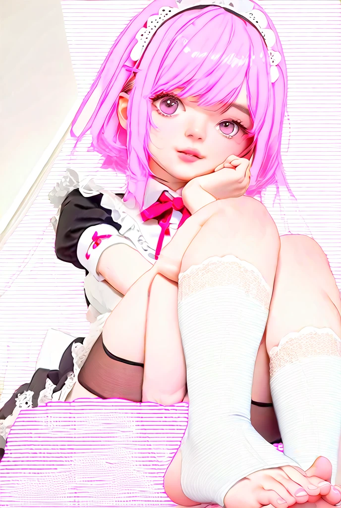 Fishnet stockings, , People Girl, Very detailed, Super Detail, Ultra-high resolution, Full Body Love, (Reality: 1.4), (best quality), (Best shadow), ulzzang-6500, High Detail, (: 1.3), Nipple swelling, The eyes are the heart, White clothes, look down, from below angle, Stylistic image of woman sitting on the floor, Chubby body, Pink Hair, Open your mouth and stick out your tongue