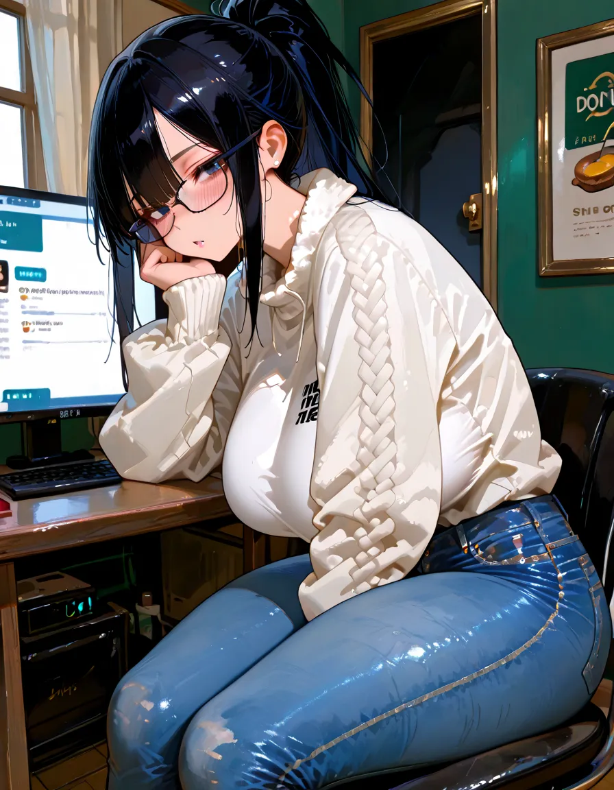Freena angrily confronts her desktop computer,Dark Room,A huge amount of beer cans scattered around