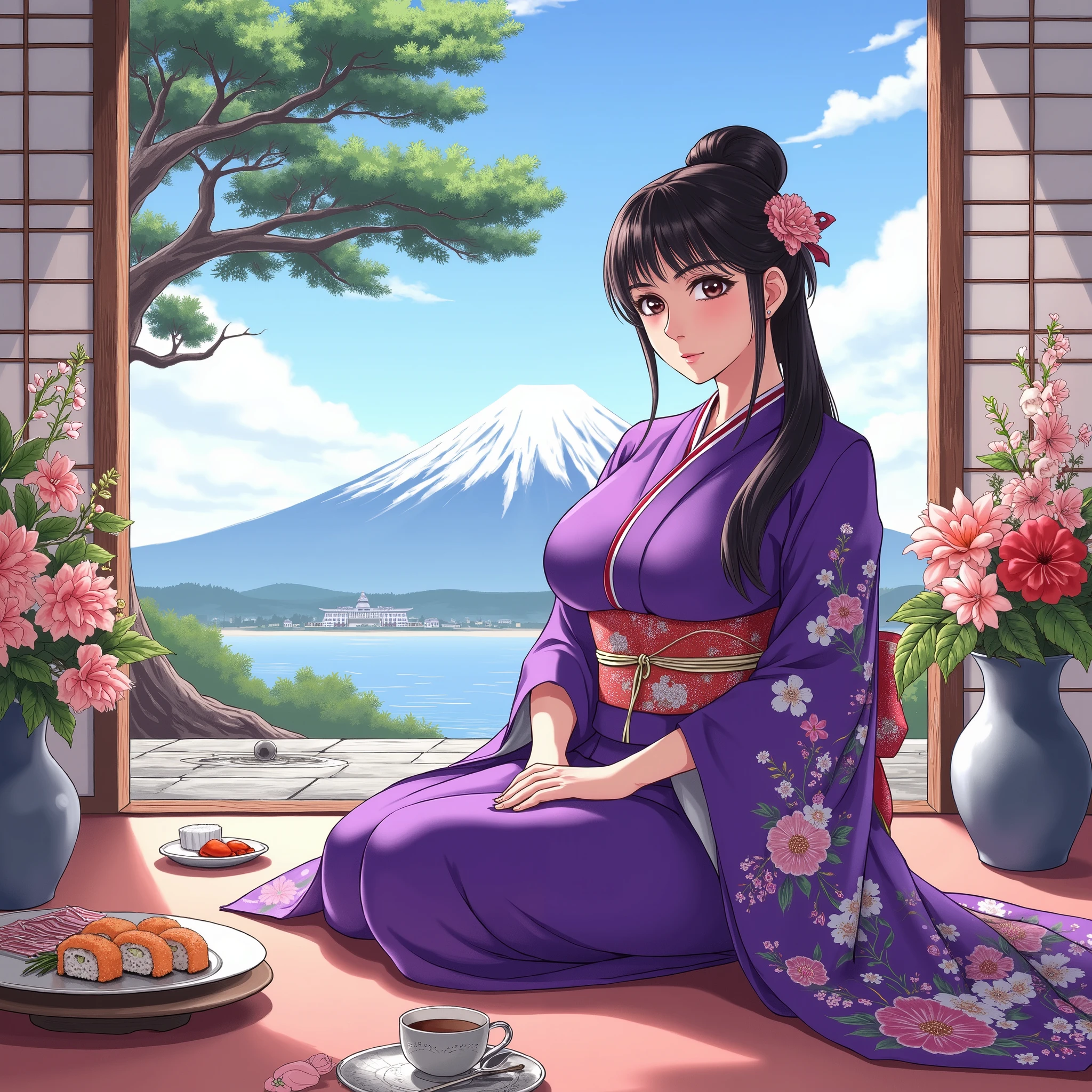 illustrations、Anime、A beautiful 35 year old woman is sitting、 Purple Kimono 、Japanese Women、Japanese-style room、pine tree、meters. Fuji、  Beautiful flowers in a vase  々 、Japanese floral fan、 the woman has big breasts  、Japanese tea、Sushi、
