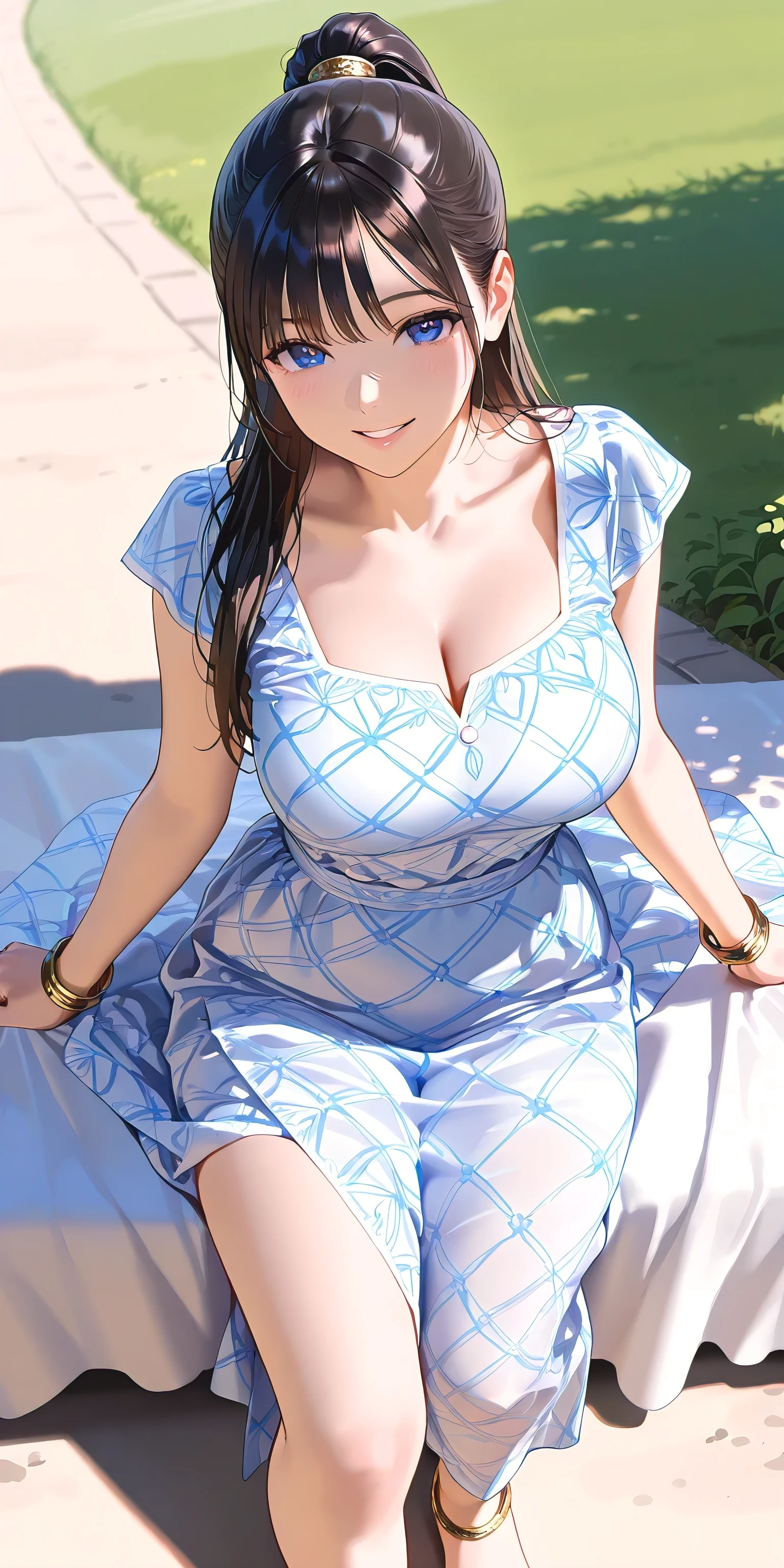 Masterwork, Best Quality, ultra-detailed, cinematic lighting, photo-realistic, Beautiful woman in a blue dress and straw hat sitting on a bench, hot girl, [ 8 k ]!!, beautiful alluring woman, seductive woman, casual pose, detailed, sun dress, Straw Hat, Milf, gigantic boobs, sexy body, buxom, nipples