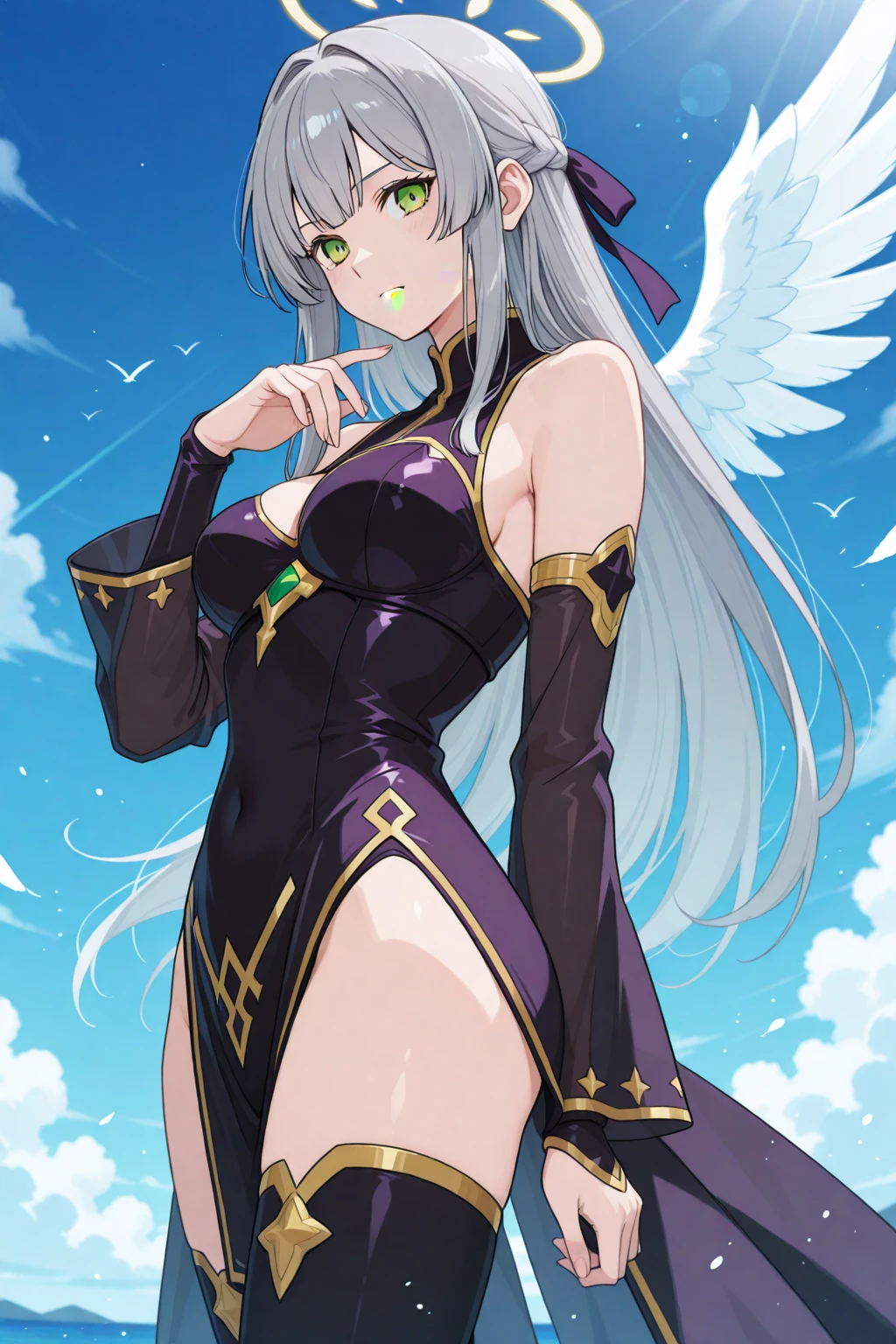 masterpiece, best quality,<lora:parurari254StyleLora_v10:1>, togame momoko, togame momoko (sister ver.), magia record mahou shoujo madoka magica gaiden, mahou shoujo madoka magica, paru rari, 1girl, angel wings, armpit crease, belt, black belt, black footwear, black gloves, black thighhighs, blonde hair, blurry, boots, breasts, capelet, cross-laced clothes, cross-laced footwear, depth of field, dot nose, dress, elbow gloves, eyes visible through hair, facing viewer, feathered wings, frilled shirt collar, frills, full body, glint, gloves, gradient hair, green hair, hair between eyes, hair down, hand in own hair, hand up, happy, kneeling, large breasts, light smile, long dress, long hair, looking to the side, mini wings, multicolored background, multicolored hair, open mouth, pelvic curtain, red eyes, shiny footwear, shiny skin, sideboob, simple background, skindentation, sleeveless, solo, soul gem, teeth, thigh boots, thighhighs, thighhighs under boots, upper teeth only, very long hair, white background, white capelet, white dress, white thighhighs, white wings, wings, zettai ryouiki