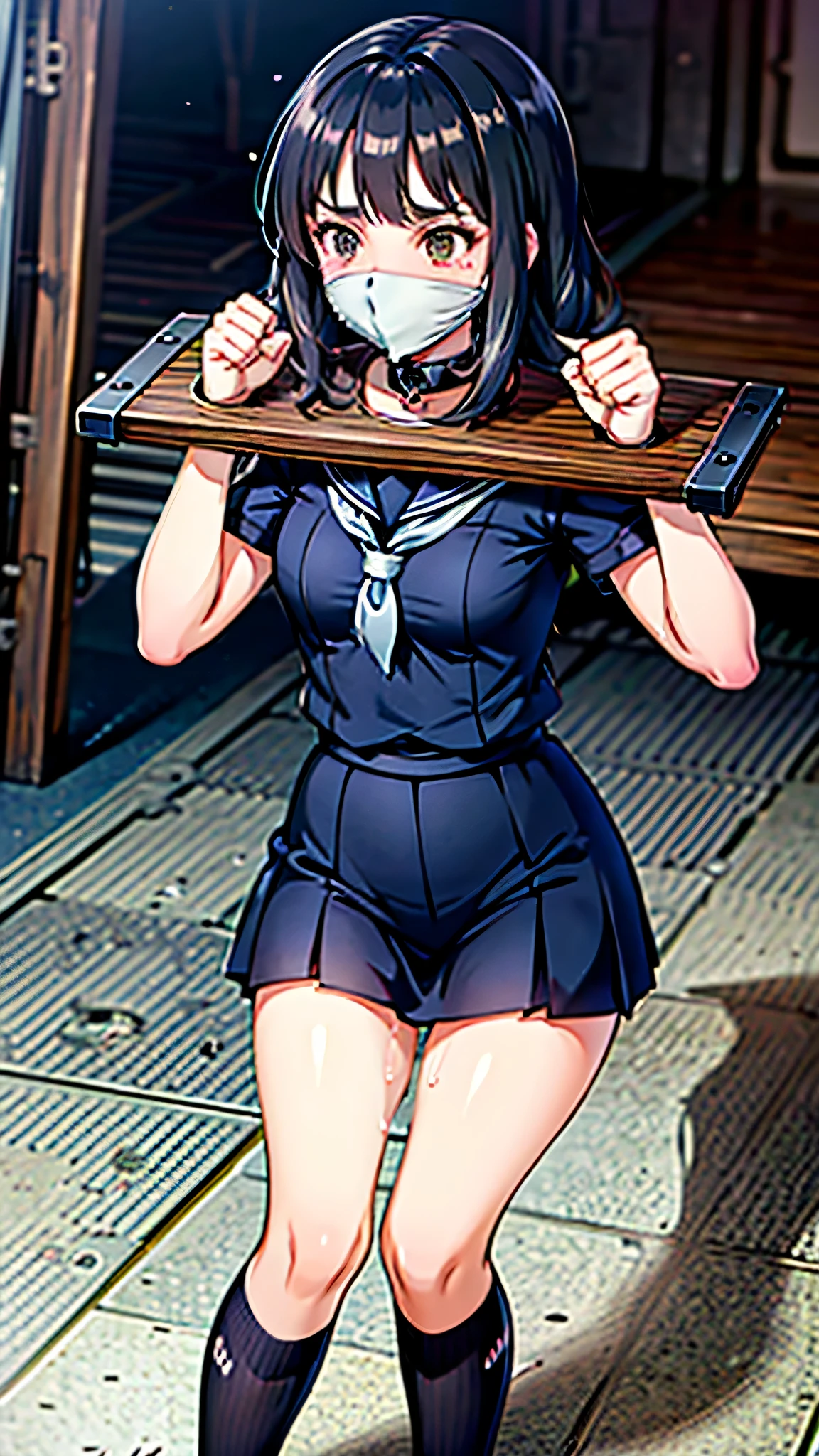 (Highly detailed CG unity 8k), (highest quality),(very detailed),(ultra high resolution), 1 female, white cloth gag, uniform, sailor suit, rope bondage, breasts rope bondage, hands back rope bondage, leg rope bondage, thigh rope bondage, (bust rope bondage:1.4), feet rope bondage, Arms behind the waist, bound wrists, shackles the ankles, gag with a white cloth, Dark blue skirt, on the train, Blindfolded, Legs together, Tie your ankles, Black Hair, high school girl, (Black Stockings:1.4), Black garter belt, Brown Loafers, Crying face, (White headband:1.4), Blur the background,