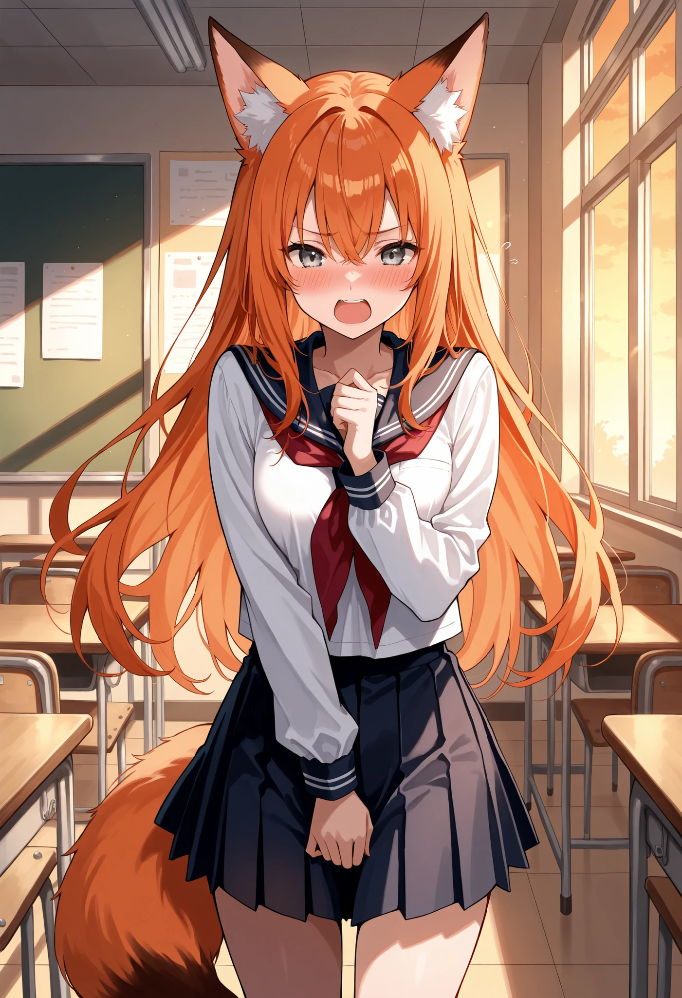 Score_9, score_8_up, score_7_up, source_anime, 1 fox girl, solo, fox ears, fox tail, long hair, orange hair, grey eyes, (best quality), (high quality), {masterpiece}, extremely delicate and beautiful, ultra-detailed, beautiful detailed eyes, serafuku, school uniform, long sleeves, school classroom, evening, blush, embarrassed, shouting, open mouth, standing