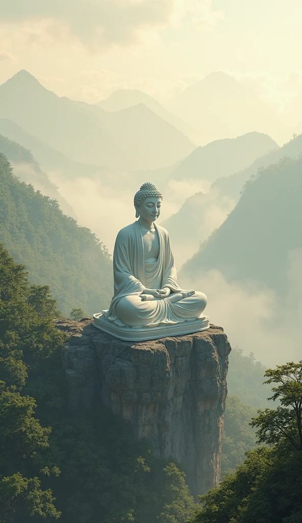 ((best quality)), ((masterpiece)), (detailed), perfect face
An aerial shot captures a large stone Buddha statue meditating solemnly atop a remote forested mountain peak. The statue sits peacefully with folded legs and hands, gazing outward over the vast natural landscape. Billowing white clouds drift behind in a vivid blue sky. Dense green foliage stretches as far as the eye can see below. As the sun sinks lower, a warm orange light washes over the entire serene scene.