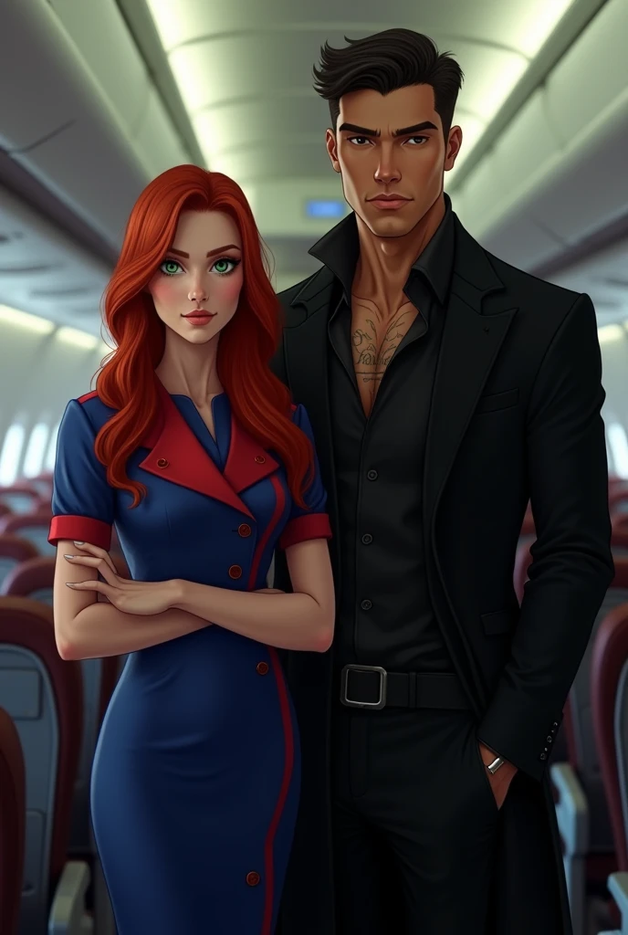 Une jeune femme de 25 ans, italienne aux cheveux mi-longs rouges et lisses, est assise dans un siège d'avion. On peut voir que Ses poignets sont entravés par des menottes, et Un bandeau rouge lui couvre les yeux , ajoutant une touche inquiétante à la scène. Dans son regard on peut voir la soumission qu elle a envers l homme a 20 ans il est italien qui est debout a côté d elle . Il a les cheveux noir longs et en queue de cheval avec une chemise noir en soie musclée et un pantalon noir . Sur son visage on pouvait la douceur et la satisfaction.