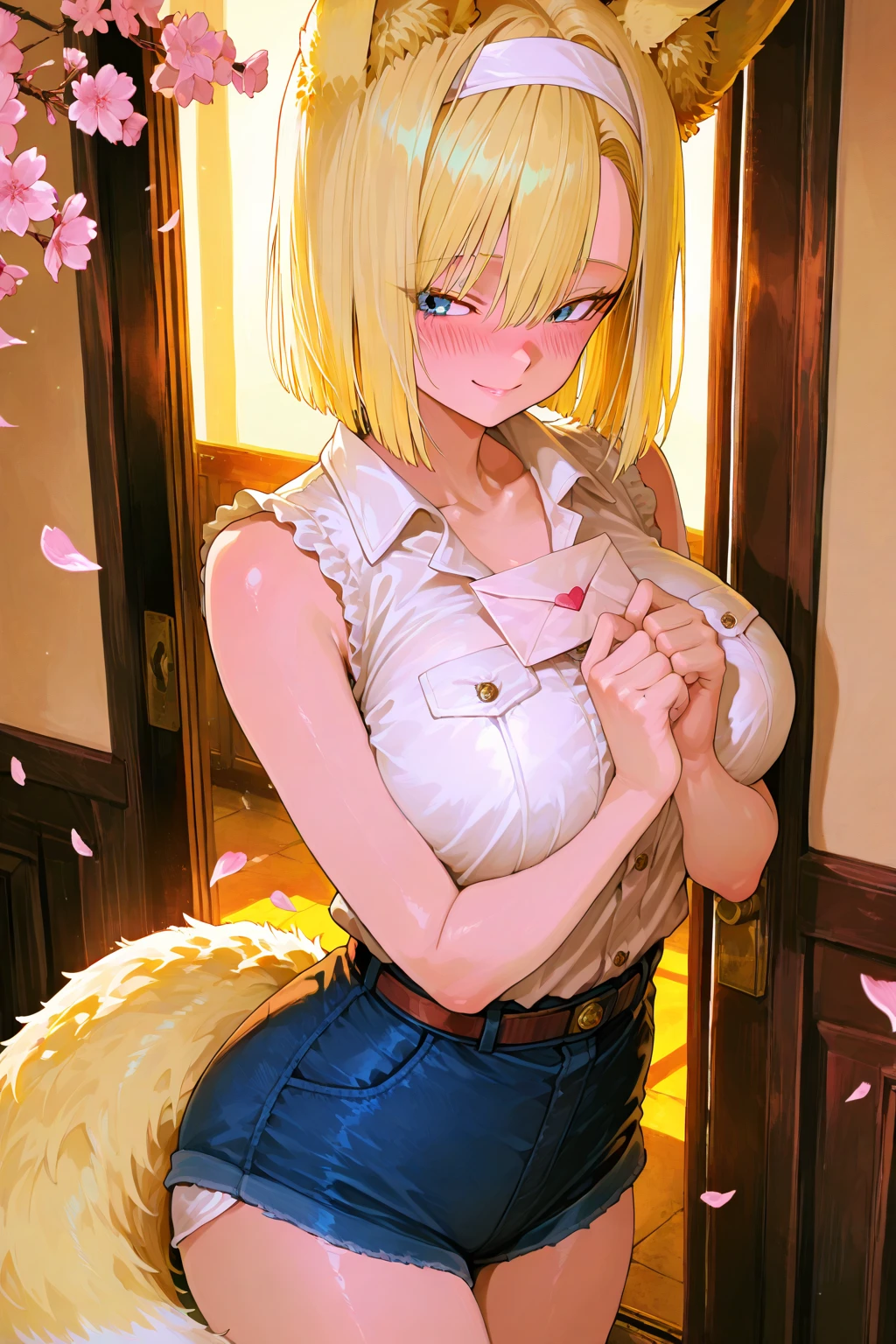 1girl, wolf ears, large breasts, breasts, wide hips, white shirt, blonde hair, very short hair, wolf tail, light smile, blue eyes, jeans, pants, belt, impossible clothes