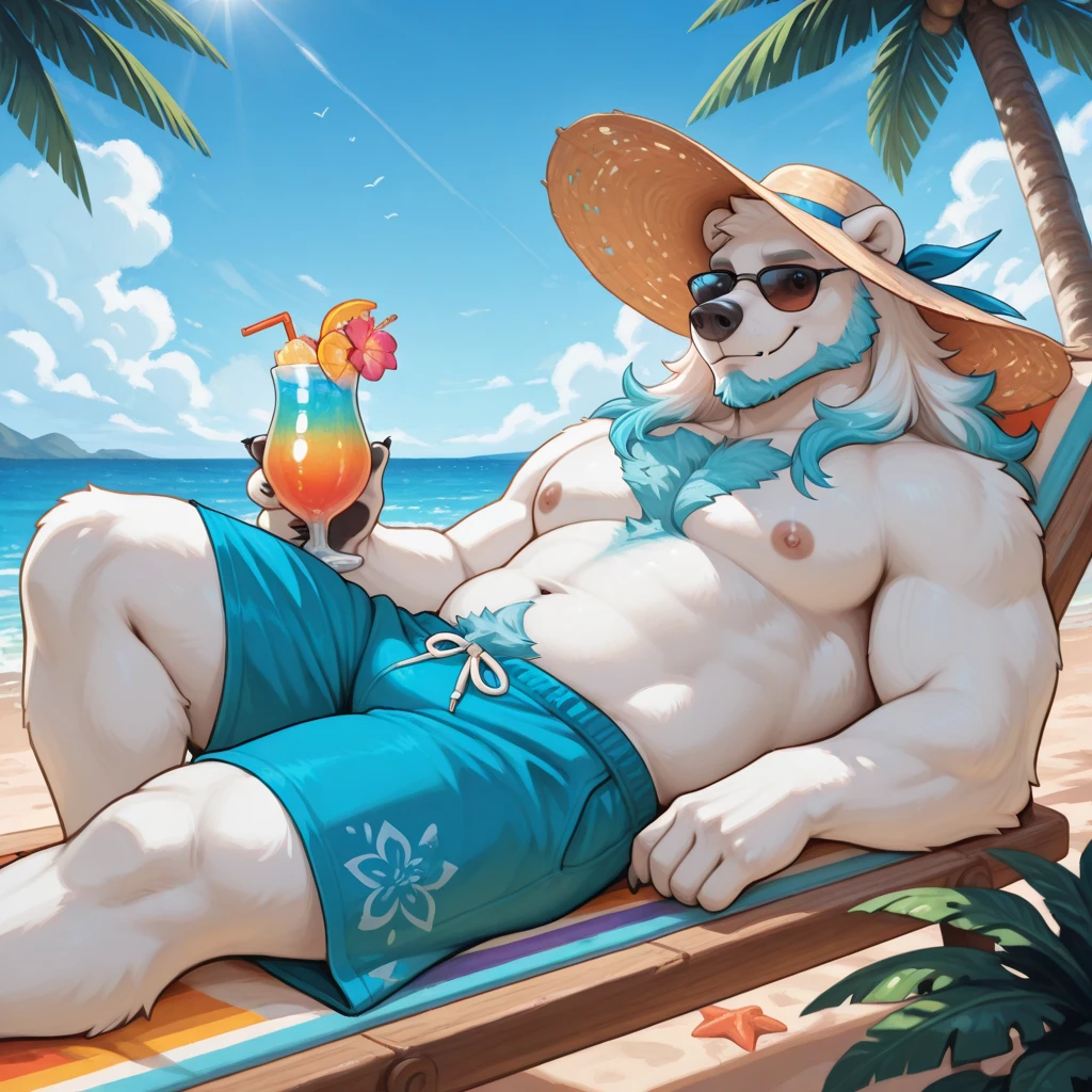 slughly chubby dad male polar bear blue eyes, laying on chair , no clothes , white briefs , watch ,hands on sunglasses , smiling , under sun , spread legs , beach background, sunlight, sandals , high quality , drawing , 2d , e621 , lineart , shading