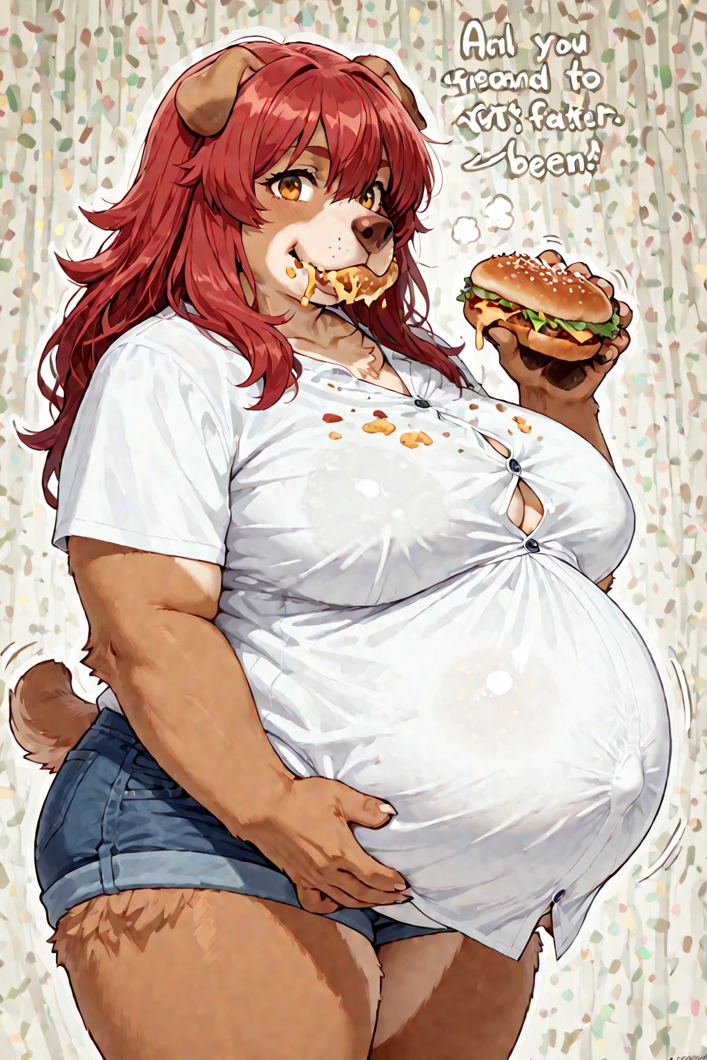 Dog eating a burger, she has a jiggly fat round belly, fat woman, bbw, love handles, crop top, tight clothes