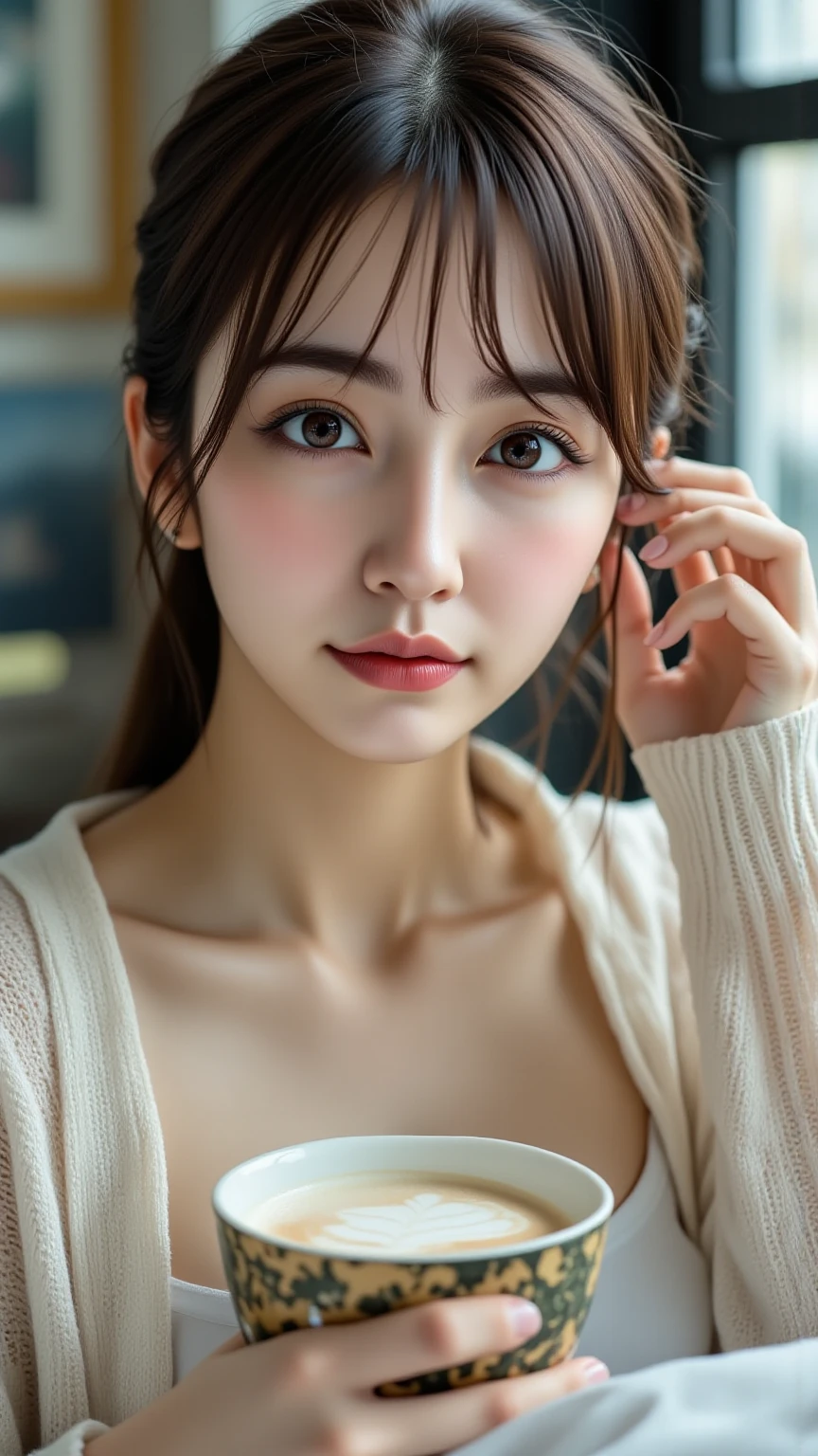 close-up of beautiful korean female, 34 inch breasts size, wearing tank top, yellow scarf, sitting on sofa, holding coffee mug, bokeh background, UHD, Her nipples are very big