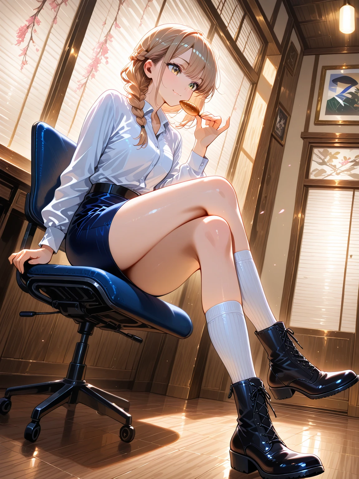 1girl,Shinro Kitagawa,long whitr hair,blond hairbl,red - eyed,nipple piercing,耳Nipple Ring,ear piercings,ear studs,Black choker,loose necktie,校服,blouse with a white collar,(bluedress:1.1),pleatedskirt,plaid skirts,Bead bracelet,Wrist headband,long fingernails,open open mouth,ssmile,black sock,Brown shoes,,(tmasterpiece:1.2),A high resolution,best qualtiy,8k,great clarity,sit on chair,legs crossed