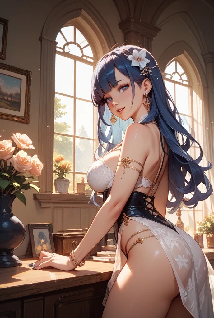 (best quality: 1.2), clean face, (masterpiece: 1.2, 8k) perfect anatomy, 1girl,a beautiful fashion model ,(masterpiece, official art, best quality ,long and shiny hair, blue hair with streaks in hair, long hair, full lips, slender body, slim body big breasts, looking at viewer, revealing outfit, absurdity, intricate details, dynamic pose, club, , wearing short shorts and a tight white top, cleavage, torn clothes, thong straps