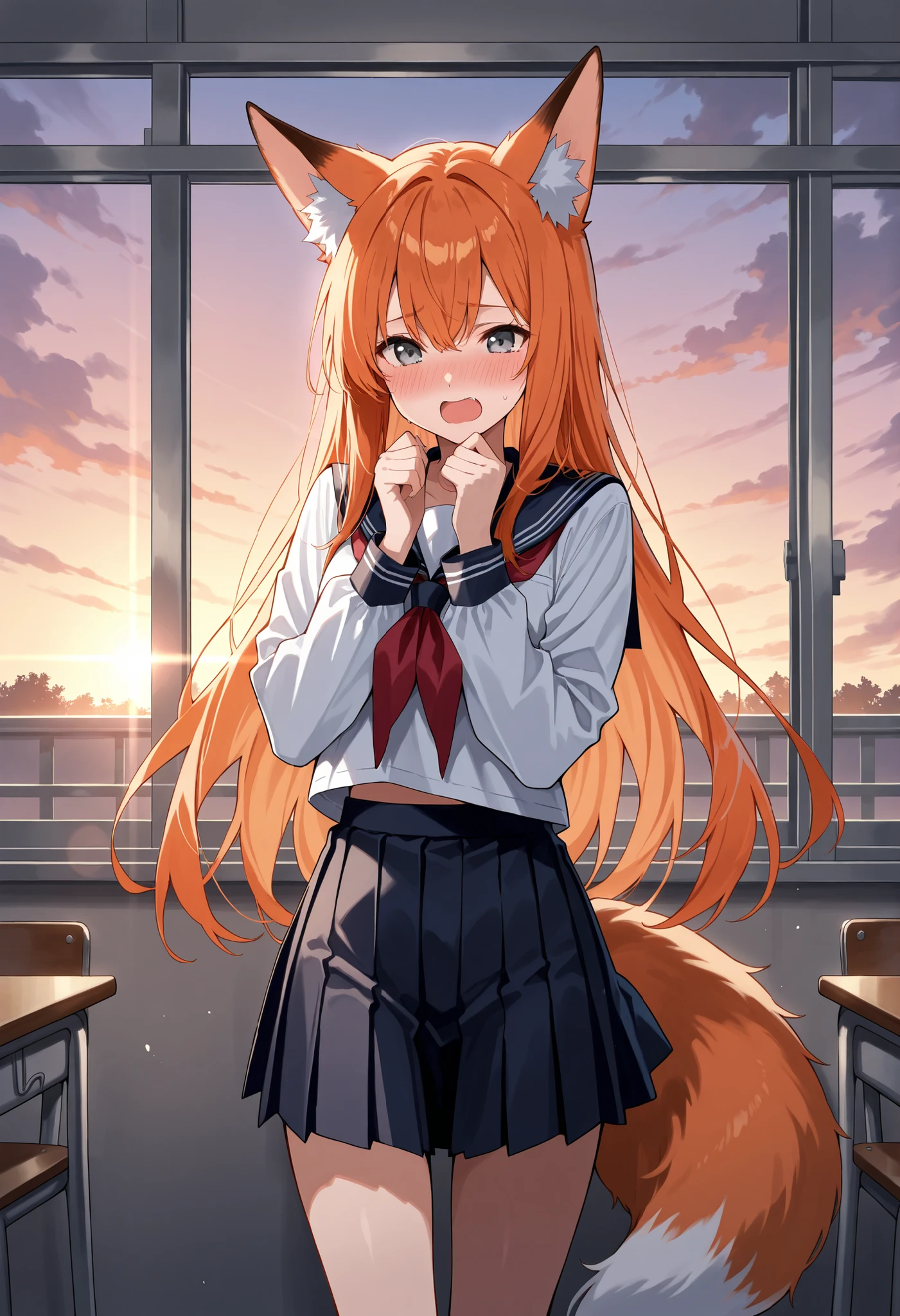 Score_9, score_8_up, score_7_up, source_anime, 1 fox girl, solo, fox ears, fox tail, long hair, orange hair, grey eyes, (best quality), (high quality), {masterpiece}, extremely delicate and beautiful, ultra-detailed, beautiful detailed eyes, serafuku, school uniform, long sleeves, school classroom, evening, blush, embarrassed, shouting, open mouth, standing