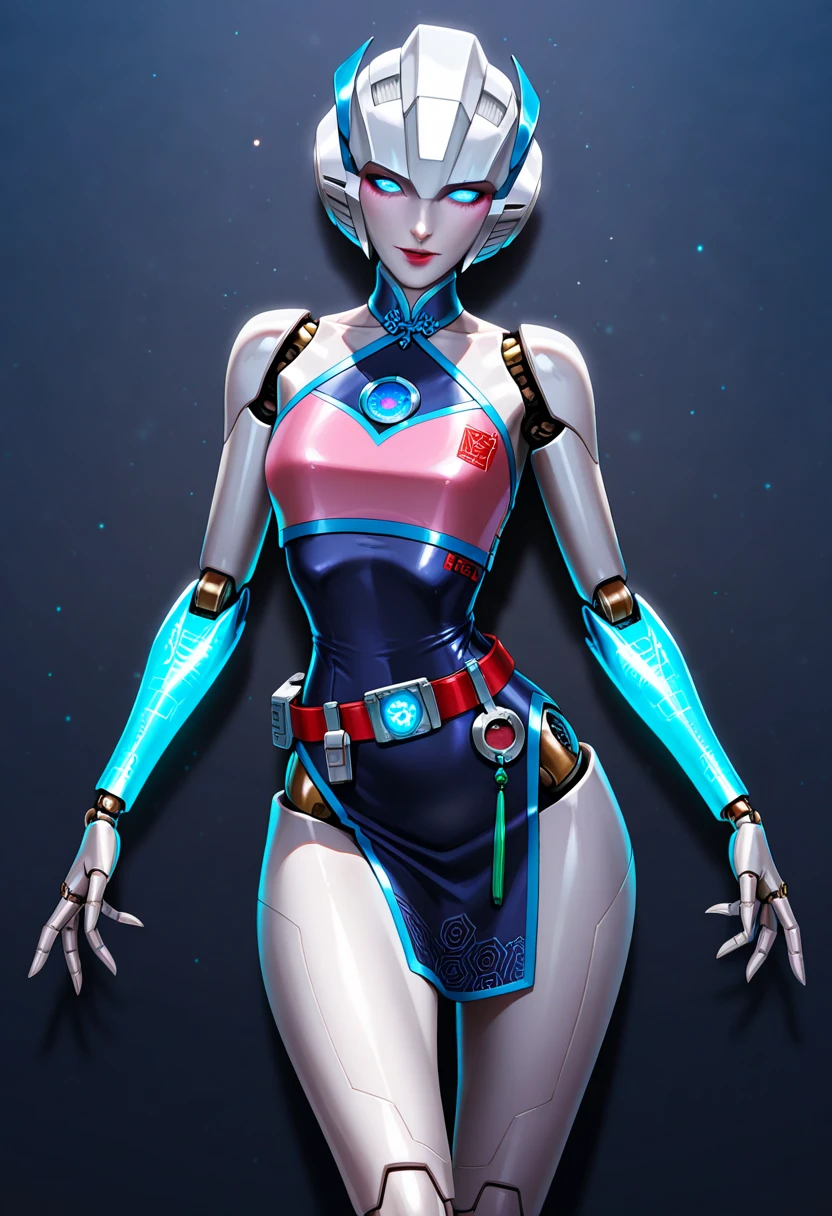 Beautiful alien woman with bright blue skin, short white hair that is shaved on the sides, blue eyes, pointed ears, a flat chest, and wide hips. Wearing a kunoichi suit,all arms,all hands