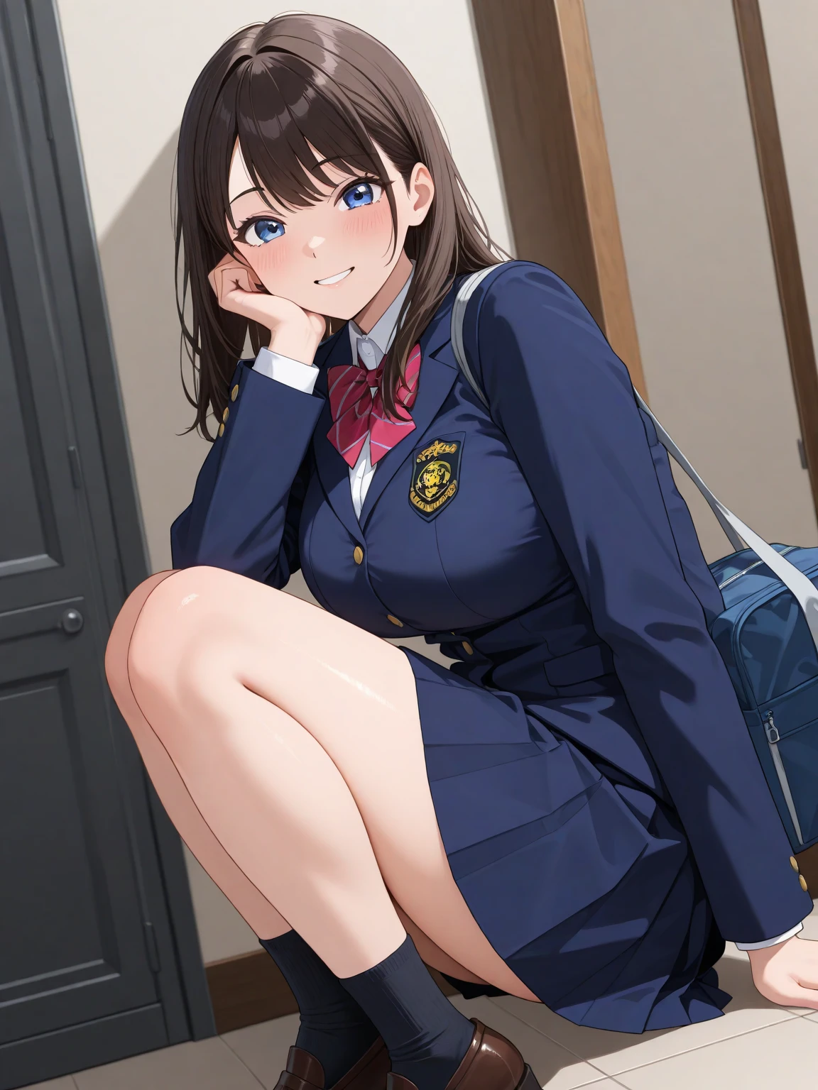 One Woman、On all fours、A seductive face、、high school girl、Sexy Bra、Fair skin、blazer、ribbon、socks、loafers、Black Hair、art、The background is the roof of the school、blue sky、Colored pencil drawing,draft