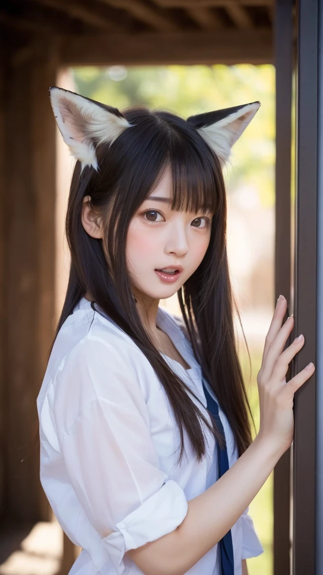 ((Highest quality、8K、masterpiece))、Sharp focus:1.2、(((Small fox ears)))、Cute 17 year old girl with perfect figure:1.4、Slim Abs:1.2、((Dark brown hair))、street:1.2、Highly detailed face and skin texture、fine grain、(My chest is exposed)、double eyelid、shoulder、Close-up of a woman in a kimono posing for a photo、Japanの女神、Japan人モデル、white、((Small breasts))、((Shrine maiden costume))、Japan、Drawing attractive anime girls、Cleavage