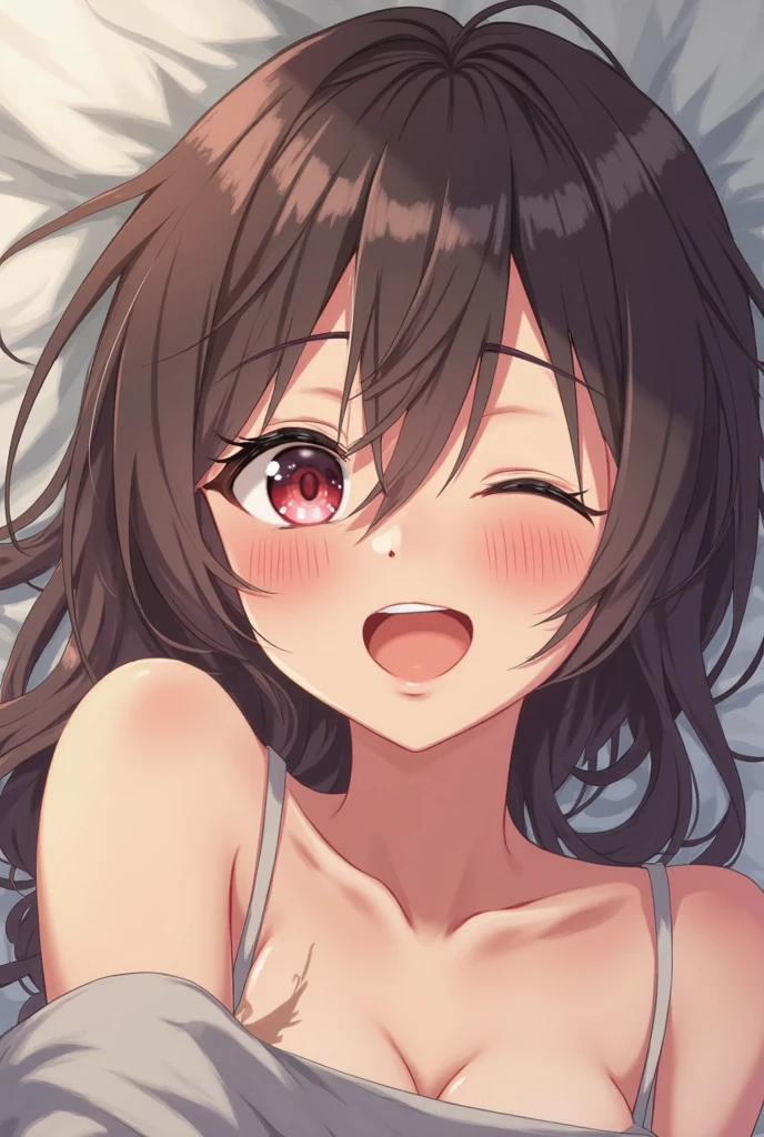 1girl, rice shower \(umamusume\), small breasts, saliva, ecstasy, torogao, frilled black bra, (messy hair), tongue out, fellatio gesture, close-up, steam, visible air, sweat, cinematic angle, looking at viewer, masterpiece, cowgirl position, heart, (sound effect), nsfw, explicit