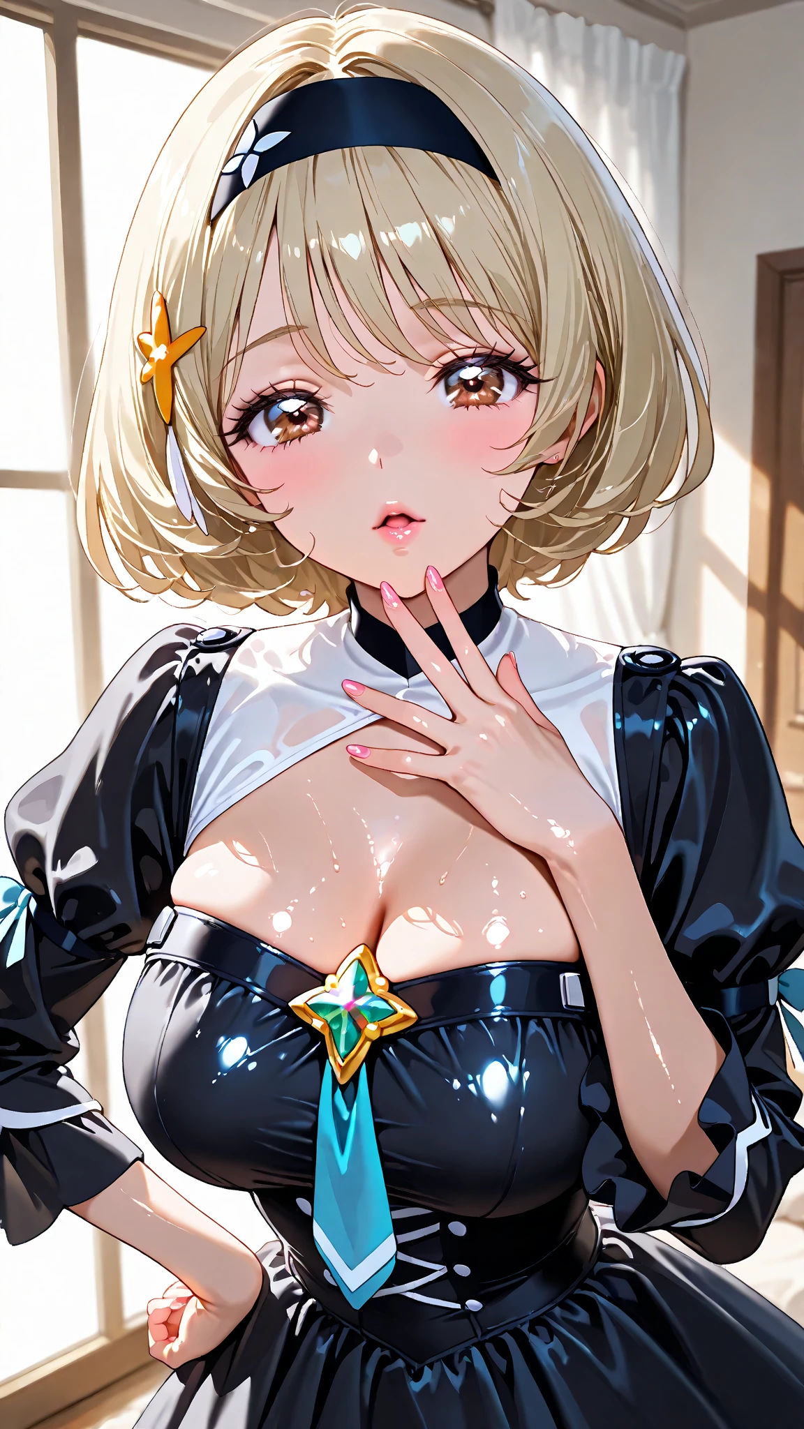 (nsfw:1.2), (((HHH))), a precious adult porn special scene, Express all her emphasized feelings through her facial expressions and body language,
full color, ultra masterpiece, ultra high quality, photorealistic:1.3, ultra high resolution, described in ultra fine detail down to the minutiae, sharp, clearly, textured, depth of field, professional composition and lighting, (close-up shot), from below,
sexy, sensual, erotic, eros, horny, sexually aroused, (panting), sticky slimy, (raw), shiny, glaring, rich, sexual ecstasy paradise, a flashy party,
top grade flashy:1.1 virgin killer courtesan, ((She is coming almost right in front of me)), (looking up and (enraptured:1.1 rapt:1.1 (half-open)) bedroom eyes to downward camera view)),
wearing ((fine gold color (shiny reflective (polished:1.5) metallic polyester) lingerie mini party dress)), (puffy nipples under the lingerie), (breasts spilling over the bra due to being tight), skindentation, Wedgie,
beautiful sexy face, detailed mouth:1.1, detailed too shiny lips:1.1, large firm breasts, oily damp translucent skin, blonde messy loose (updo) hair, gold simple necklace earrings,
((blush)), (sweat), a little particle sweat drops, (((steam))), ((sigh)), (((((drooling))))), (((ecstasy))), ((orgasm)), ((((cum on body)))),
ecstatic attentive escort service, energetically, ((blissful:1.5 ecstatic expression:1.1)), oral vagina, Drooling slimy tongue, She took a libido booster and her sexual energy has increased, Give me her special H service that captivates boys, ((handjob)),
