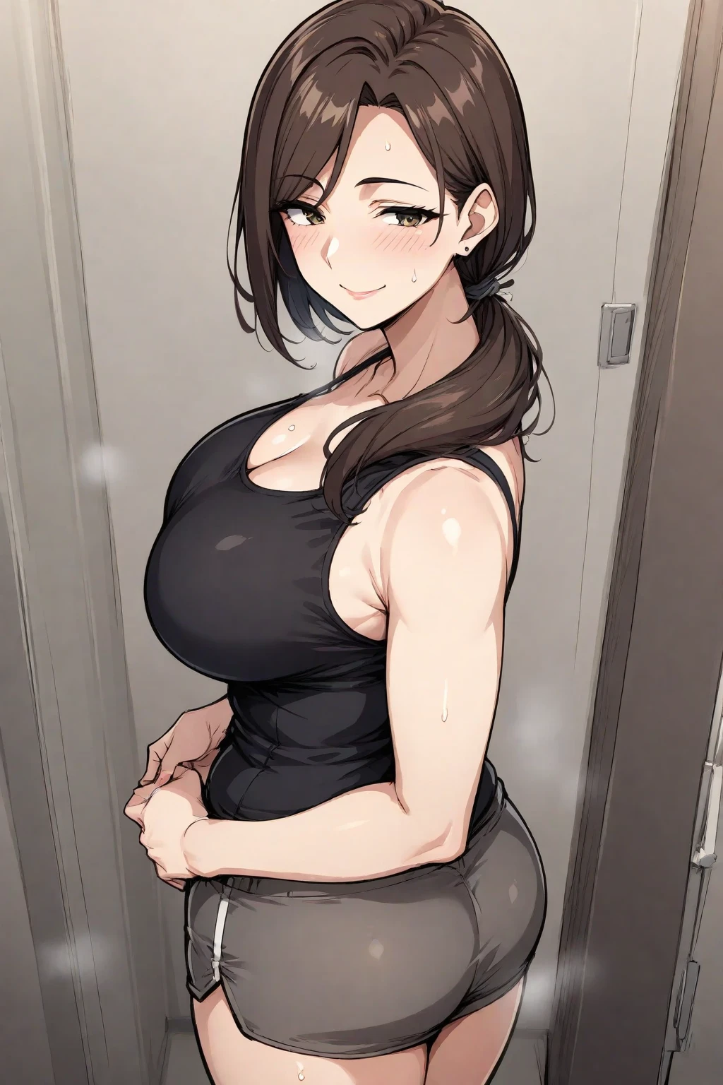 (8k、Best image quality、Highest quality、masterpiece)、Detailed face、One Girl、Black Hair、Twin tails、Bright Blue Eyes、Wicked Smile、((Grin))、Small breasts、((White knit))、Off the shoulder、Strapless、((Denim pencil skirt))、((pantyhose))、Cowboy Shot、entrance、Open the door、(A big, muscular black man hugging her from behind:1.3)