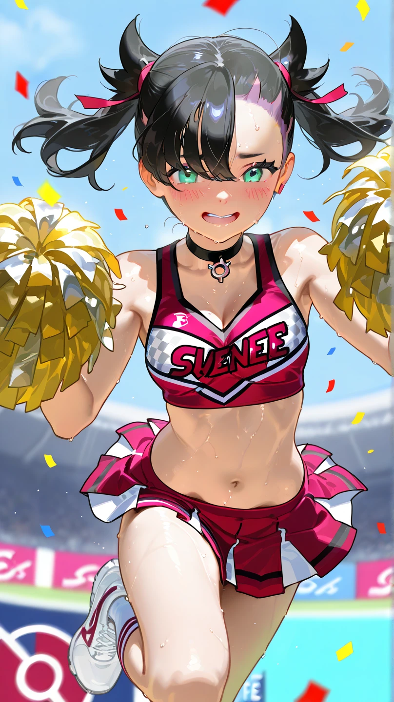 Highest quality,Highest Resolution,Beautiful smiling girl cheerleader holding pom-poms,Sweat flying,Big eyes,Belly button,Underwear that becomes transparent due to sweat,Black hair ponytail,Abdominal muscles,Diagonally below,Arena,support,Outdoor,Sunshine,Open your mouth and drool,Dripping a lot of saliva,