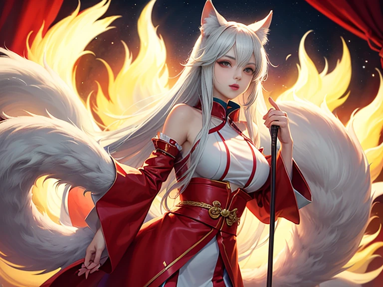 (Yoko Kurama):hairs: long and silver.
eyeballs: golden.
ears: Pointy.
Tailpussy: It has a fox tail.
badass clothing: Wears traditional clothing from the Demon World, which include a flowing white tunic.
Height: Taller and with a more imposing presence than in human form.
