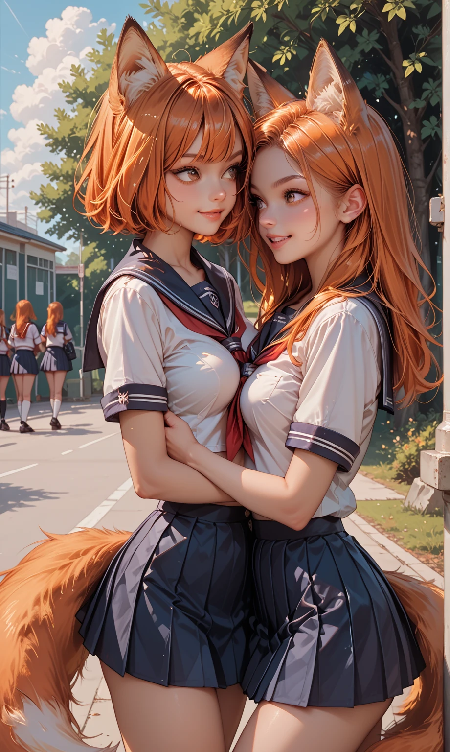 2girls, deep kissing, french kissing, outside, field, trees, flowers, autumn, dusk, twilight sky, extreme detail, masterpiece, <lora:properkissing_v1:.7>
kyoko \(rcg\), blue eyes, red hair, letterman jacket, white shirt, red necktie, pleated skirt, kneehighs, looking aroused, sexual gaze, , blush, erotic, <lora:rcg_kyoko:.7>