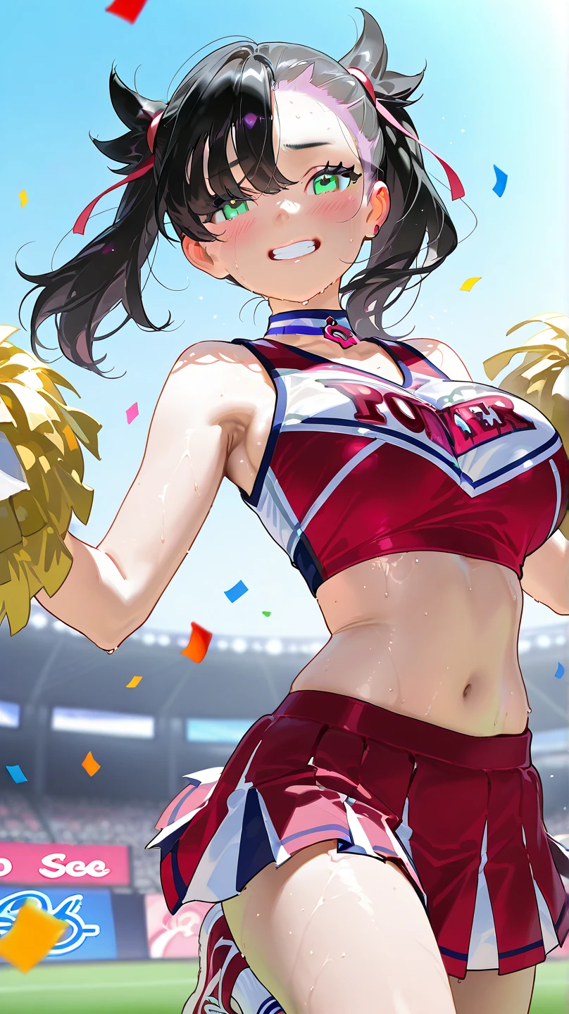 A beautiful 20 year old girl, anime girl, cheerleader, yellow pom poms, (cheerleaders:1.5), (pompoms:0.8), I'm rooting for you, jumpping, cheer jumps, girly pose, dynamic motion, dynamic moves, football stadium, football field, burst of confetti, cheering crowd, cheerleader costume, (mini skirt), skirt lift, happy atmosphere, vibrant colors, white sneakers, white short socks, flowers panties, (white panties:1.4), dark brown hair, bangs, ponytail, wavy hair, expressive hair, shiny hair, hair ornament, hair bow, one eye closed, aqua eyes, glowing eyes, earrings, open mouth, smile, blush, bright pupils, seductive smile, happy, red lips, tongue, upper teeth, big round breasts, slim waist, navel, defined body, full body, slim legs, defined thighs, anime, image fill, border, first-person view, pov, three-quarter front angle, perspective, Wide-Angle, macro photo, f/1.8, 85mm, Sony FE GM, 8k, super detail, UHD, retina, masterpiece, accurate, anatomically correct, best quality, highres