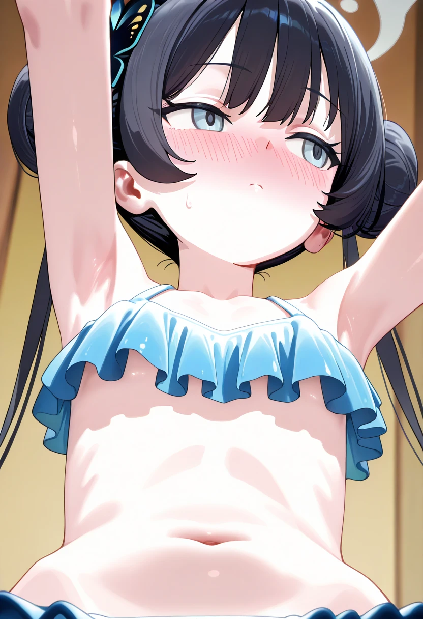 (Perfect body),Best Quality,(8K Portrait),(Official art)、((NSFW))、(((((SEX)))))、(((((Lori)))))、(Short stature)、is crying、embarrassed from、1girl in,((((:o))))、Surprised、(blush),(Sweat),(((flat chest)))、(((((Middle-aged man without eyes licks her body、1 boy)))))、(thick thighs)、(big butts)、((Dark purple head of hair)),(Blunt bangs)、((Long hair))、((Straight hair))、(Light blue striped bikini)、 (Black eyes)、(((both hands behind head)))、(Armpits)、(((spreading legs)))、Cowboy Shot、Bedroom