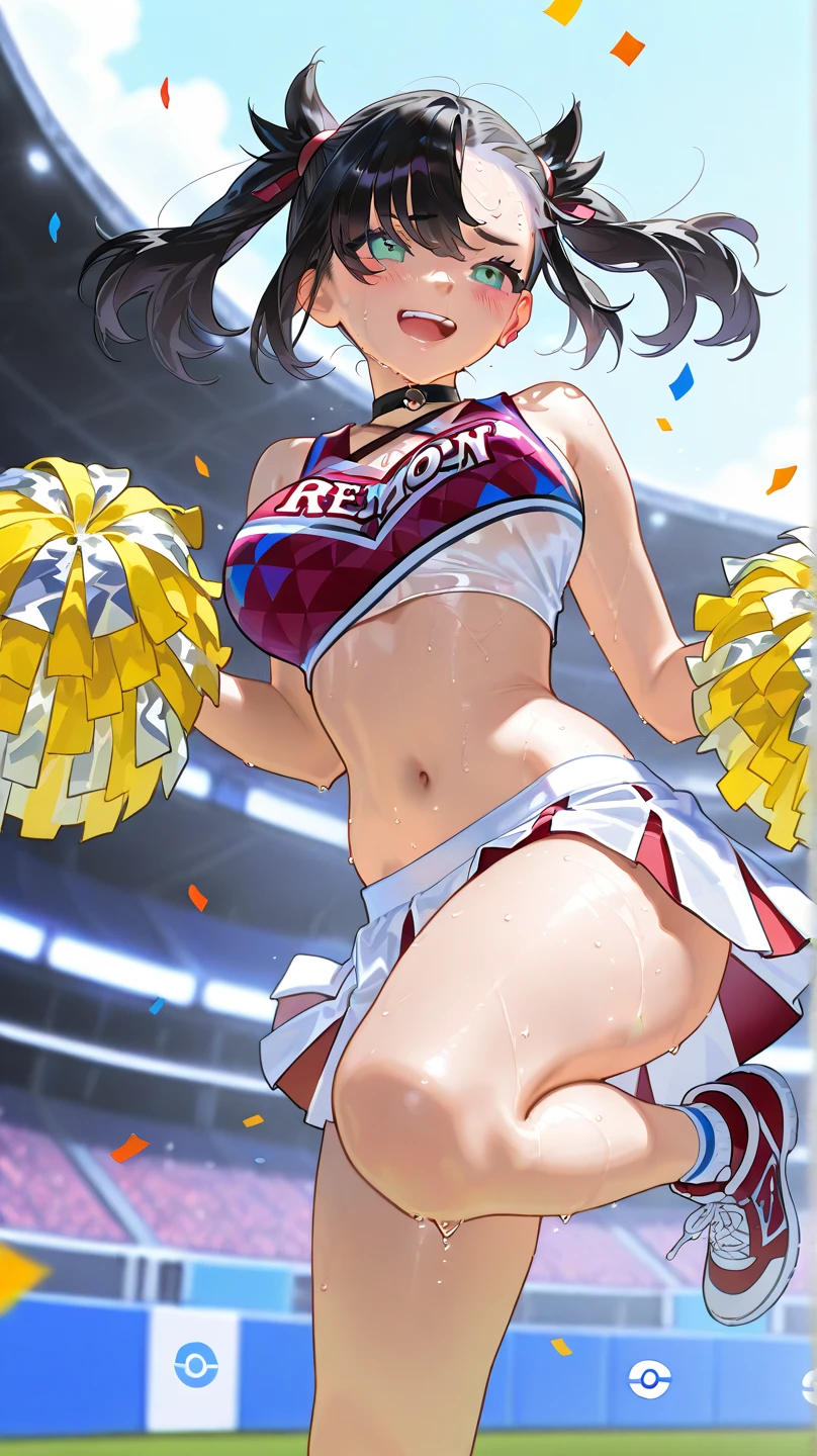 dildo_Under_Cloth:1.5,Bigboobs,uni form(yellow,black),group shot:1.7,baseball,baseball stadium,Panty drop:1.5,Clothing with tiger printed on it,tubetops,Underboobs,ponytail,cheerleader, stadium, team spirit, pom-poms, enthusiastic, energetic, crowd, uniform, sports event, cheering, colorful, dynamic pose, happy, vibrant, teamwork, celebration, night game, lights, action
