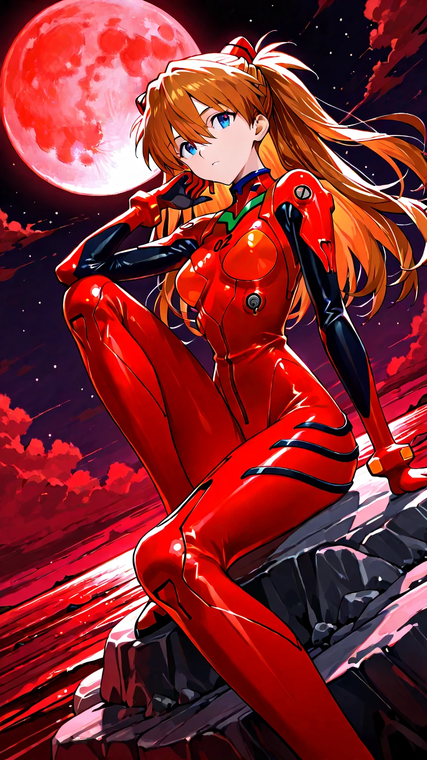 1girl, solo, looking at viewer, full body, standing, long hair, asuka cosplay costume, cosplay, plugsuit, bodysuit, hair ornament, seen from above, space, floating,Dubrec style,Transparent figure back,(Multiple Exposure:1.8)Intricate illustration in surreal art style,surreal dreamscape,