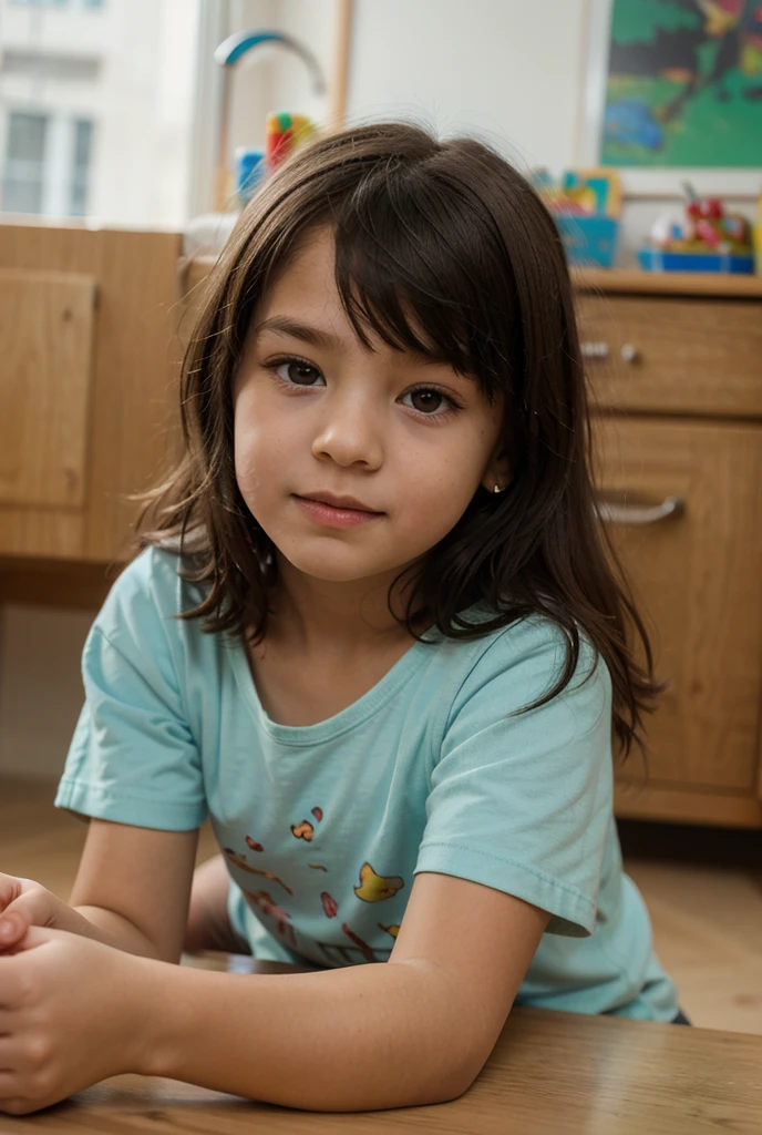 7 year old girl, brown hair, straigh hair, wearing a cute blue dress, in a livingroom