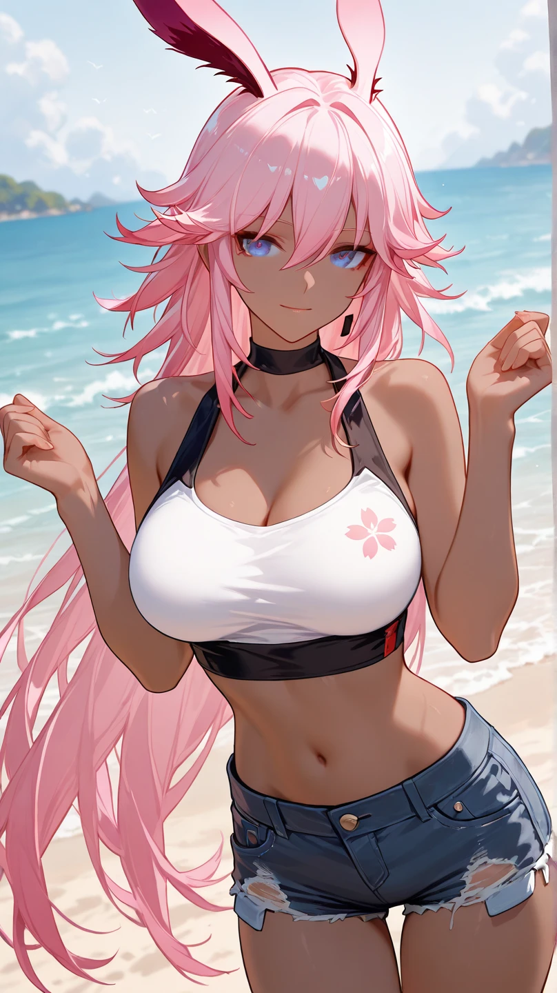 (masterpiece, highest quality:1.2), 1 girl, Cat ear, pink hair, glowing red eyes, big breasts, choker, timid, blush, Yellow shorts, purple crop top, From above, Ocean, smile, Fold your hands in front of your body