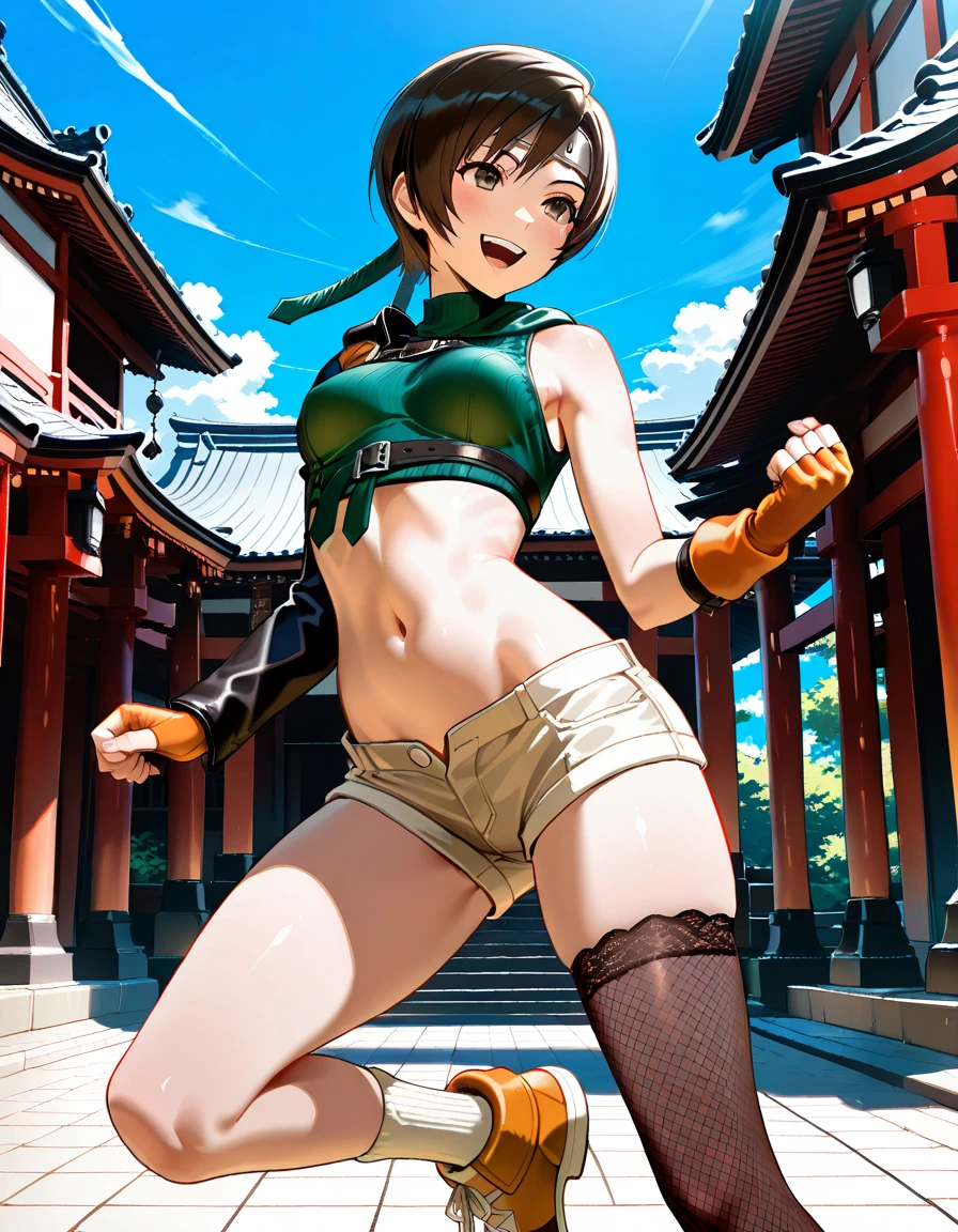((full body, standing):1.5), {((1 woman))}, {((wearing brown leather indian clothes, extremely tight and short in the body, short leather shorts and short velvet)), ((big breasts):1.5), ((short pink hair, mohawk, sparkling blue eyes, wearing small feathered headdress)), ((looking at viewer, maniacal smile, making erotic pose, holding a bow and arrow)) , ((in an indigenous village, cloudy sky, it's daytime, plants and flowers, Indians of different ethnicities))}