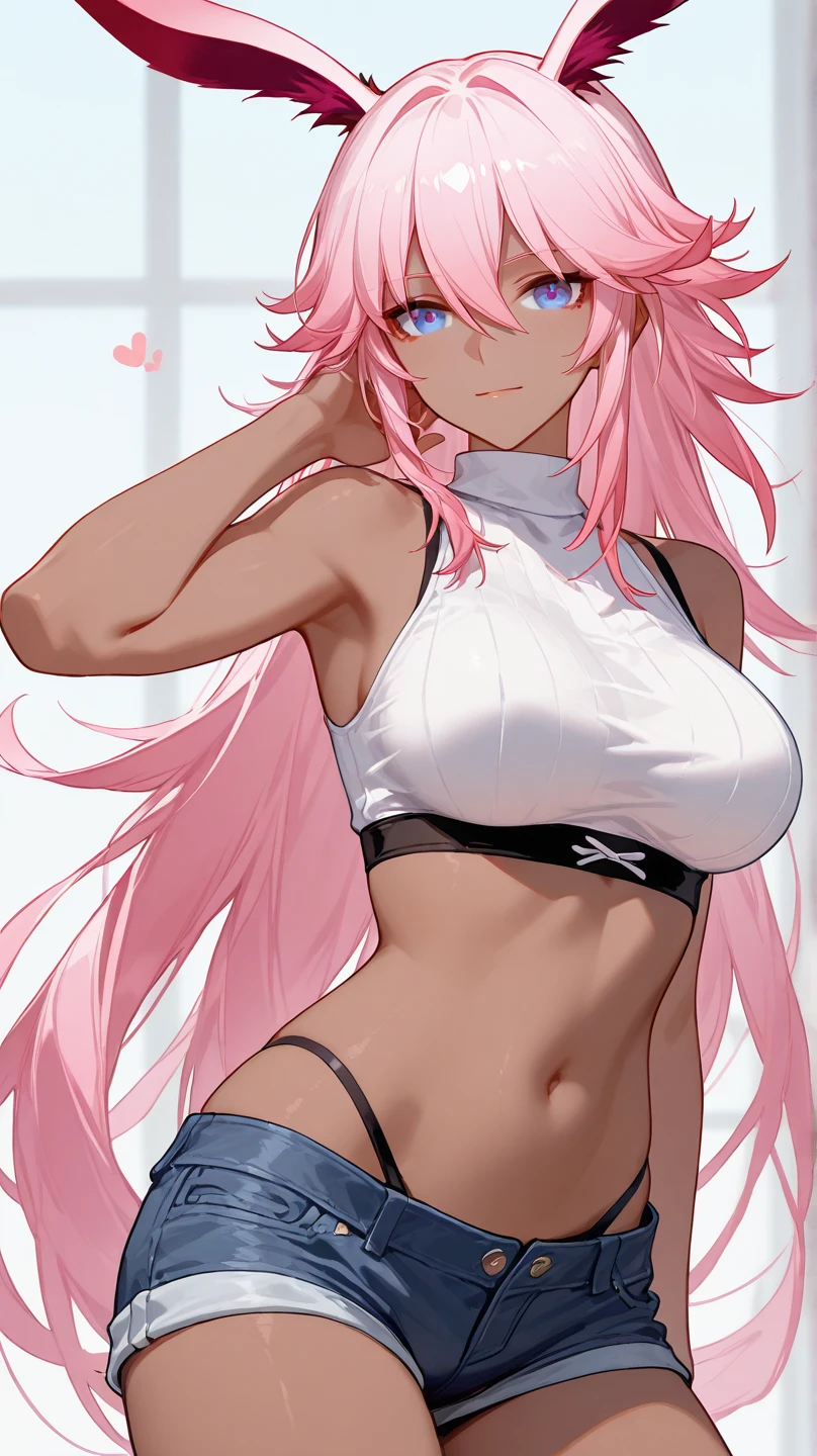 (cutesexyrobutts:0.9), (score_10, score_9_up, score_9, score_8_up, score_7_up, score_6, score_5, score_4, source_anime), (digital painting), (fine line work), (best quality), (extremely detailed), (highest quality), (intricate linework), (intricate details), more detail XL, 1girl, solo, cowboy shot, nino nakano, long hair, bangs, blue eyes, hair ornament, hair ribbon, pink hair, blunt bangs, two side up, butterfly hair ornament, cleavage, medium breasts, original outfit (hat, jacket (open) ,eyewear on head, denim shorts) , outdoors, smile, model poses