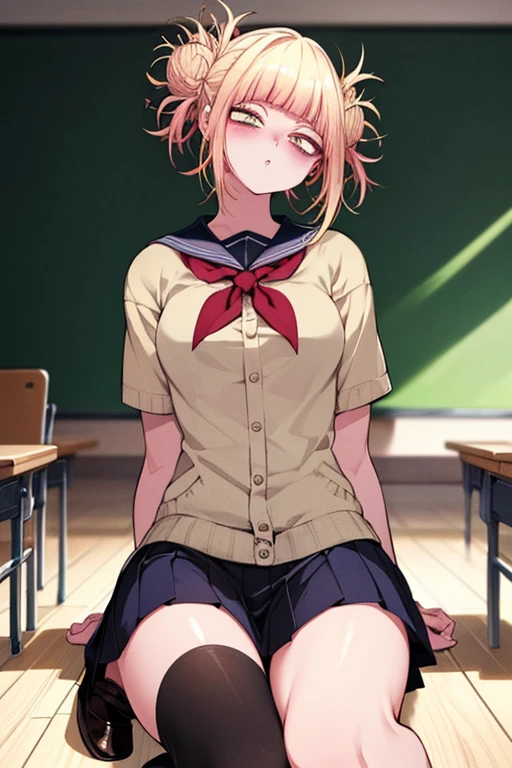 Highest品質、Highest１People Girl,high quality,A be familiar withed face、A be familiar withed eye、be familiar with nose、be familiar with mouth、 beautiful expression, ((High resolution)), ((Highest品質)), be familiar with, excited face.I&#39;I&#39;m very happy,), ((Skin shiny with sweat)), (school uniform:1.2、loose socks)、blonde, (half twin tail)、pure white skin:1.3, cinematic lighting, completely in the shade,(((classroom))), Realistic lighting with shades,show your whole body、cowboy shot、