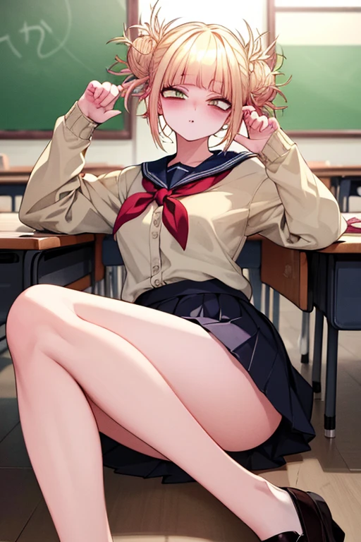highest quality、masterpiece、((1 girl:1.5))、(())、(blush:1.5)、(smile)、((fun!!))、cute、Ahoge、(Blonde)、、high school girl、((classroom:1.5))、(single braid)、sit on the ground with your knees up、Kamimei、look at me、(No underwear:1.3)、((Shaved:1.5)), ((Red bow tie, , Black jacket, Open jacket, White cardigan, White shirt, Black Skirt, Checkered Skirt、Black socks))、 (No underwear:1.3)、((Shaved:1.5))、(highly detailed closed labia:1.5)、((Peeing is occurring:1.8))、peeing、Light blue eyes、
