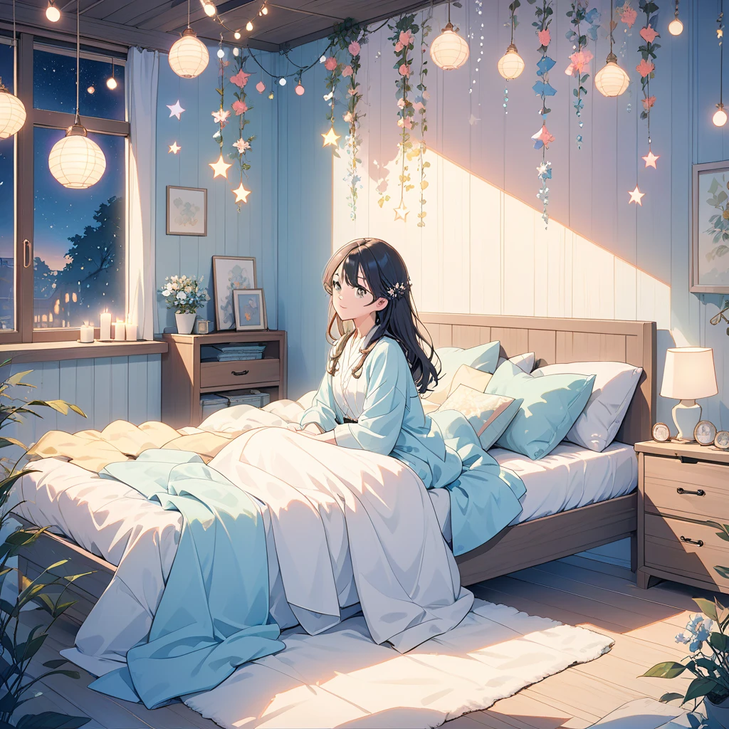 {{{Masterpiece, highest quality, high resolution background}}}, bright and beautiful atmosphere, 3 girls (2 years old, 1 short-tempered round face), 1 person (hair, surface effects), small breasts, sitting in bed Girl, cute room, cute pajamas, girl rubbing her eyes, "deltamon_sdXL :0.73) >Deltamon"
