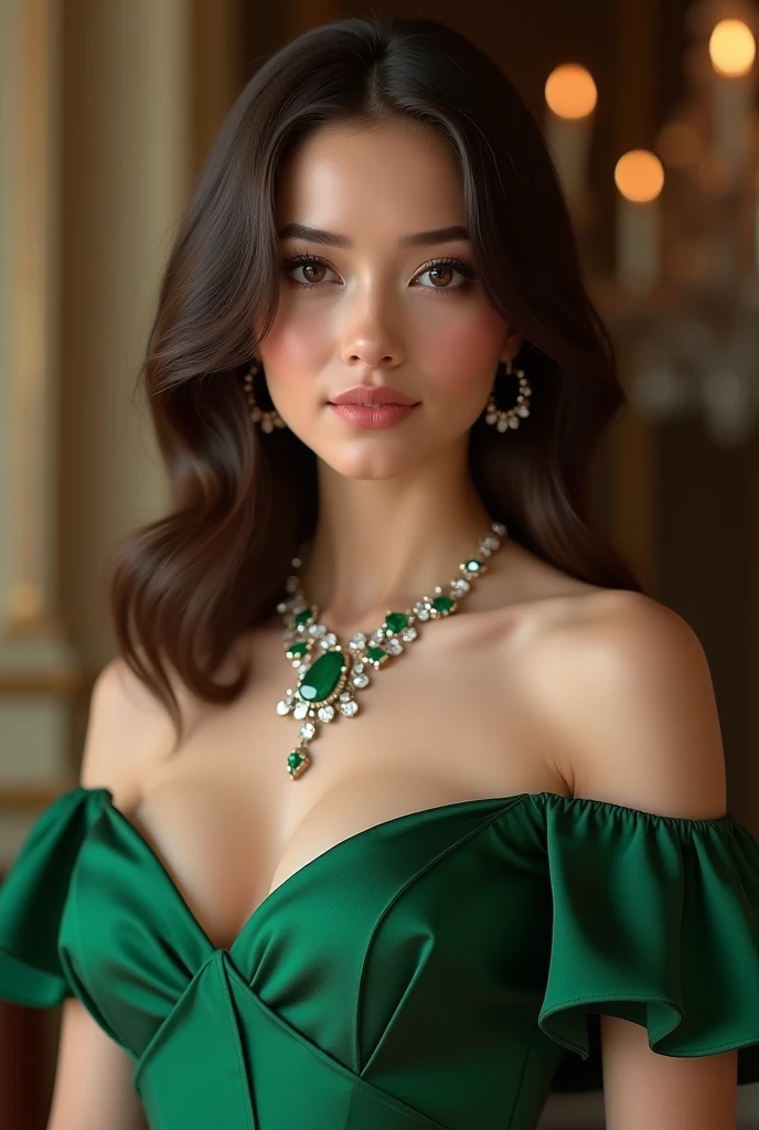 Lebanese lady, diamond dangling earrings, necklace, bracelets, small breasts, smokey eyes, green satin dress, sad, hot, sleeveless,  blush, side swept hair style, cleavages, radiant skin, 40 years old, innocent face
