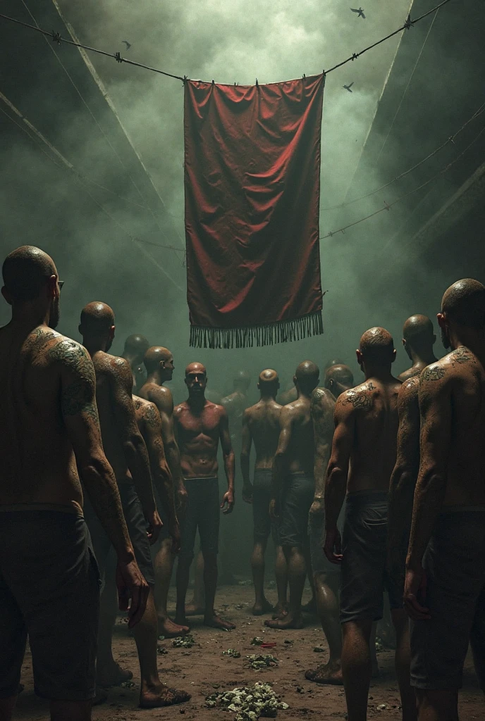 Man with spiderman mask in swimsuit surrounded by strong men with milk on their bodies while they are crouching and kissing his feet with sweat and saliva 
