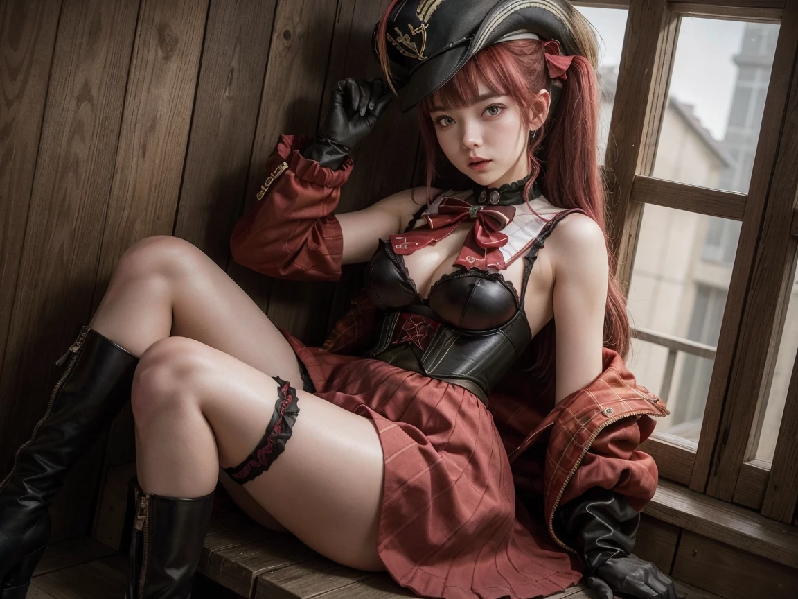 8K,Masterpiece,One woman,Pirate ship piloting,白いpanties,Fantasy otherworldly character ,(legs wide open),8K,Masterpiece,(One woman),panties,Female pirate crew member,(female knight),Medium Hair,blue eyes, Realistic, Sci-fi fantasy,Game characters,Slender figure,Small breasts,Cleavage,Separate outfits,steampunk,Wine red costume,Pirates of the Caribbean,Pirate costumes,Color variations,