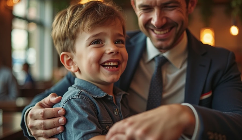 A father and child laughing together while playing a board game