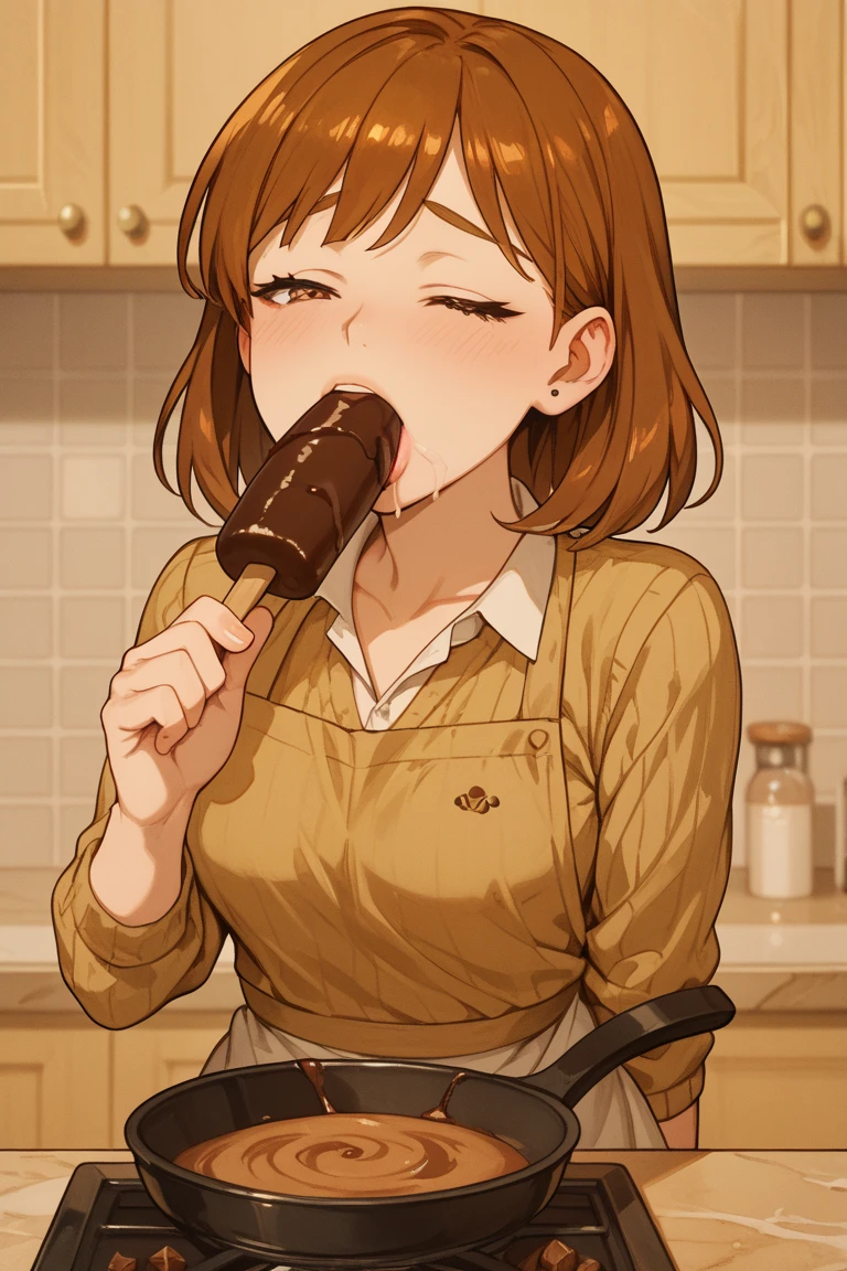 {{Artist: %pepe_(jonasan)%}} a mature muscular woman, confident eyes, kitchen, detailed background, behind kitchen island, black top, on her knees, clothed big tits, blowjob, man's skinny legs, man's dick in her mouth,