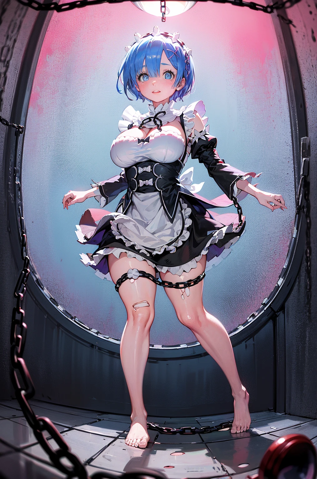 、Plump、Show your pants、Fighting Pose、Weapons Morningstar、((Underground Prison))、((The floor beneath my feet is crumbling))、((((Rem in chains)))),(((((Fisheye Lens)))))、((((Super huge breasts))))、(((Plump thighs)))、(((Rem from Re:Zero)))、looking at the camera、High qualityHigh quality、8ｋ、(((((Full body description)))))、Chest、Fantastic、(((((Torn maid uniform)))))、looking at the cameraで、barefoot、((((((Tall Rem))))))、Sweat splashes、Clothes are ripped off,(Torn knee-high socks)、