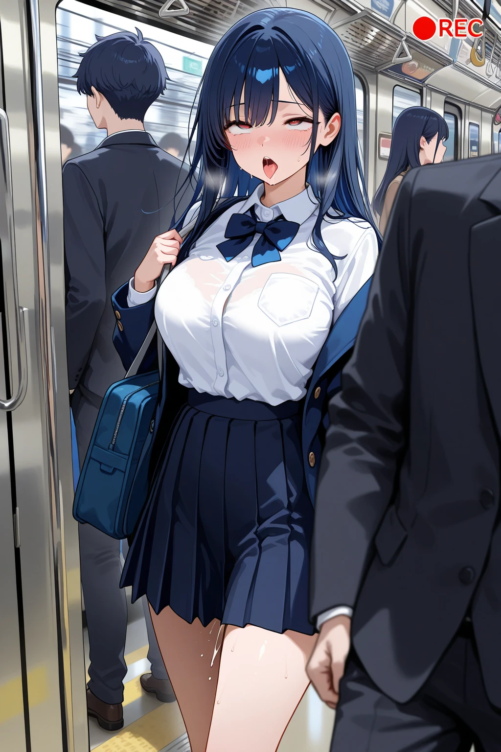 rinko,ponytail,mature female,large breasts, see through nipples,messy hair style,wavy long hair,blue hair, hair between eyes, purple eyes,(school uniform,short sleeve, neck tie,miniskirt:1.1),(sweat gleaming skin:1.1), outdoors,sunlight, spotlight effect,bright sky, blue sky with clouds,strong wind, (in the train:1.2),(highres, high quality:1.1), intricate details, cinematic lighting, 1girl,(red blush,crying),(Necklace, bracelet),(Remote Play:1.2), (remote_vibrating:1.2), ((Hand holding a button at the bottom left of the screen:1.3))、
