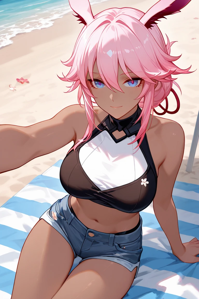 Beautiful dream girl, she has very short pink hair, black skin, she has many tattoos, she wears a gold bikini and is on the beach. She has a gentle and strong look, and wears a beautiful necklace, the scenery is mountains and the image has bright and vibrant colors.