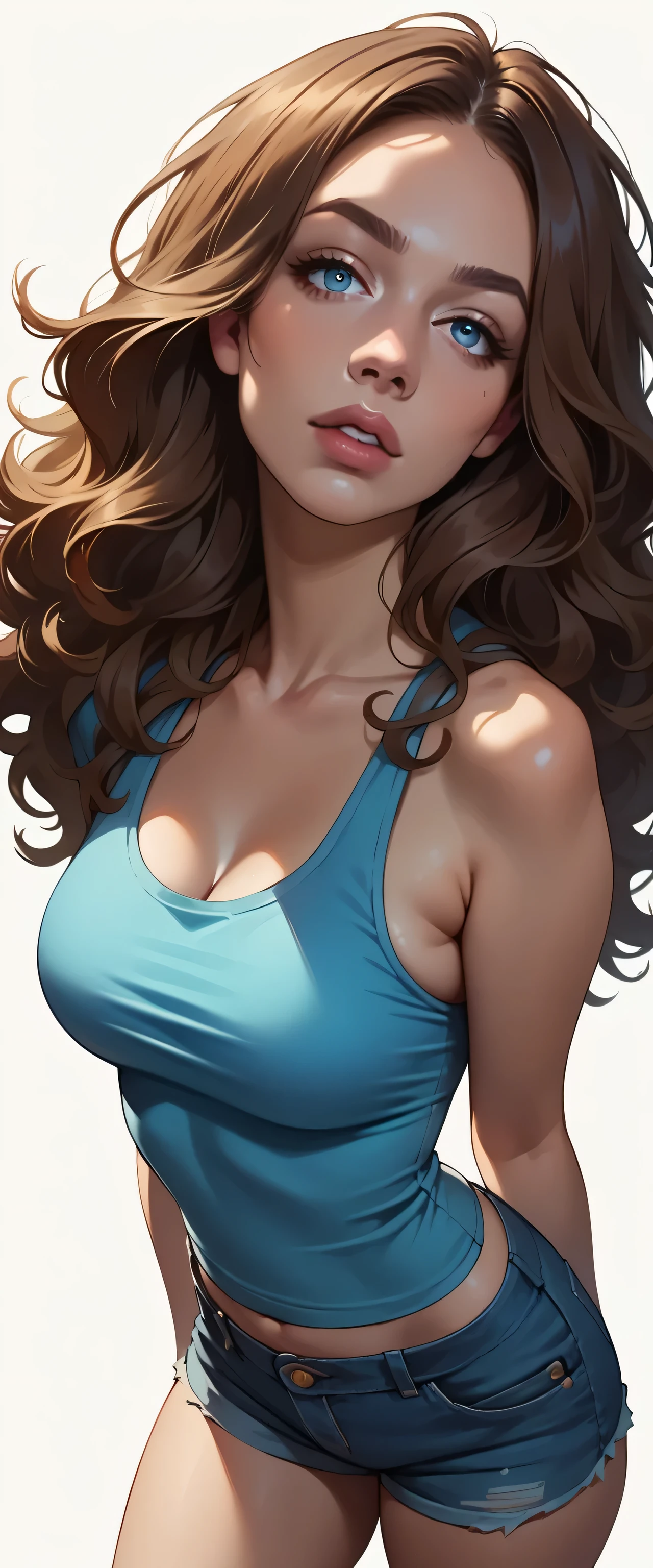 score_9, score_8_above, score_7_above, Cartoon of a girl, Alone, sexy,  slut, blue eyes, Brown hair, long hair, Pelo Liso, blue tank top , denim shorts, neckline, small breasted,  visible thighs, standing, white background