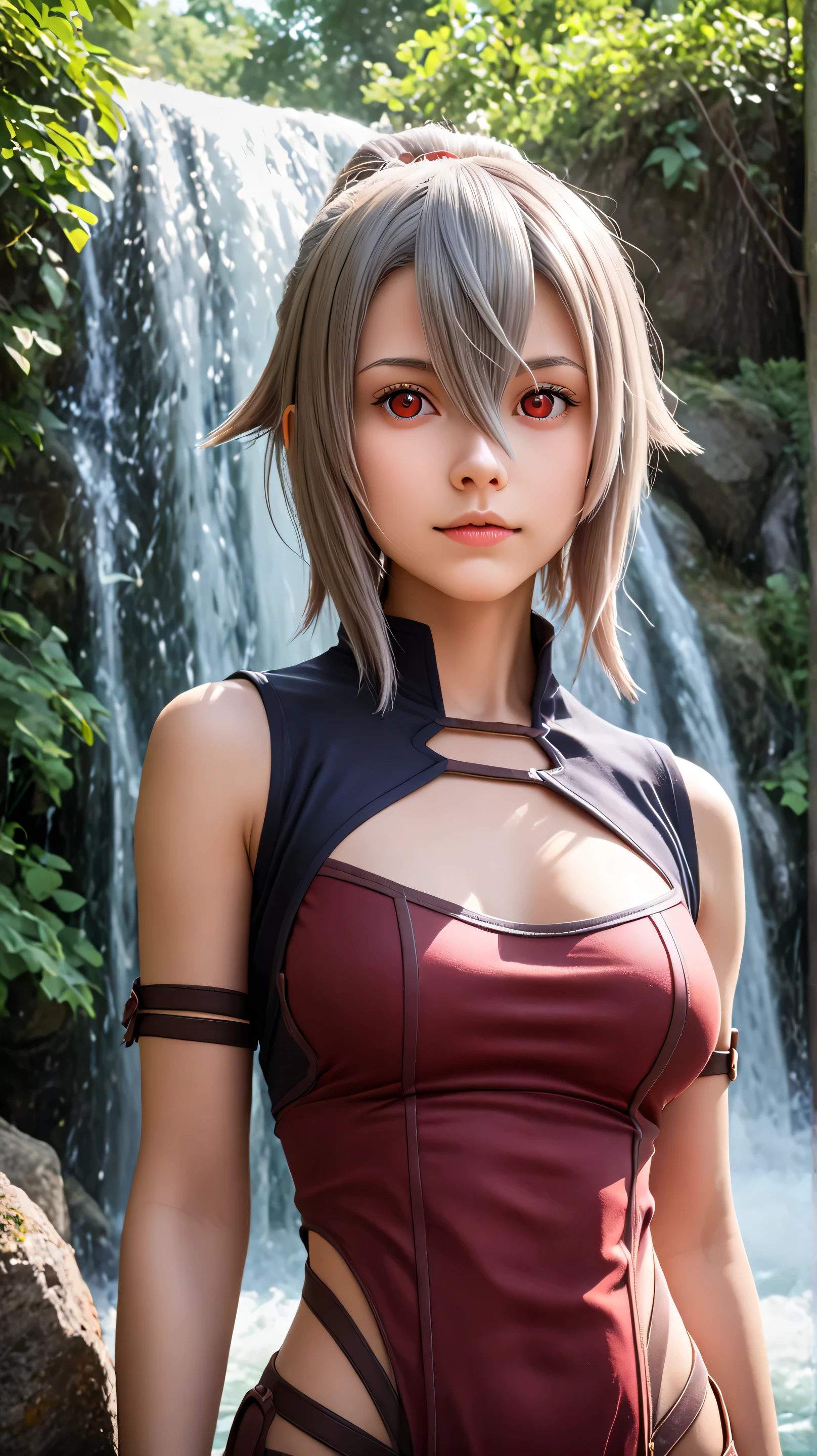 1girl, solo,eydish,red eyes,gray hair,short hair,outdoors,potrait,medium breast,forest,(half body:1.4),front view,standing under waterfall,waterfall background,looking at viewer,(potrait view:1.4),standing under waterfall(wear jedi outfit:1.4),(hair between eyes:1.5)